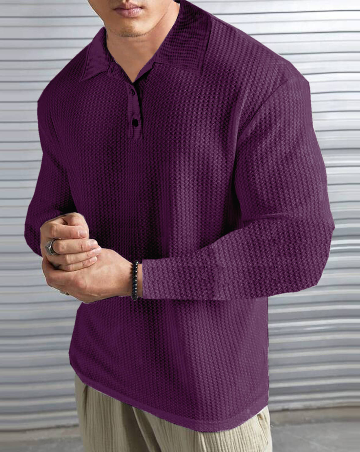 LEWEL Pack of 1 Polyester Regular Fit Self Design Full Sleeves Men's Polo T Shirt ( Purple )     			LEWEL Pack of 1 Polyester Regular Fit Self Design Full Sleeves Men's Polo T Shirt ( Purple )