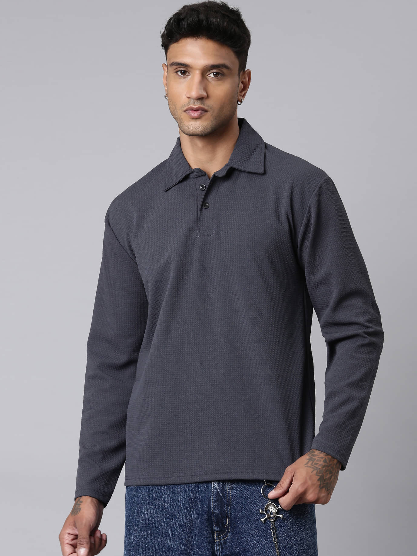 LEWEL Pack of 1 Polyester Regular Fit Self Design Full Sleeves Men's Polo T Shirt ( Green )