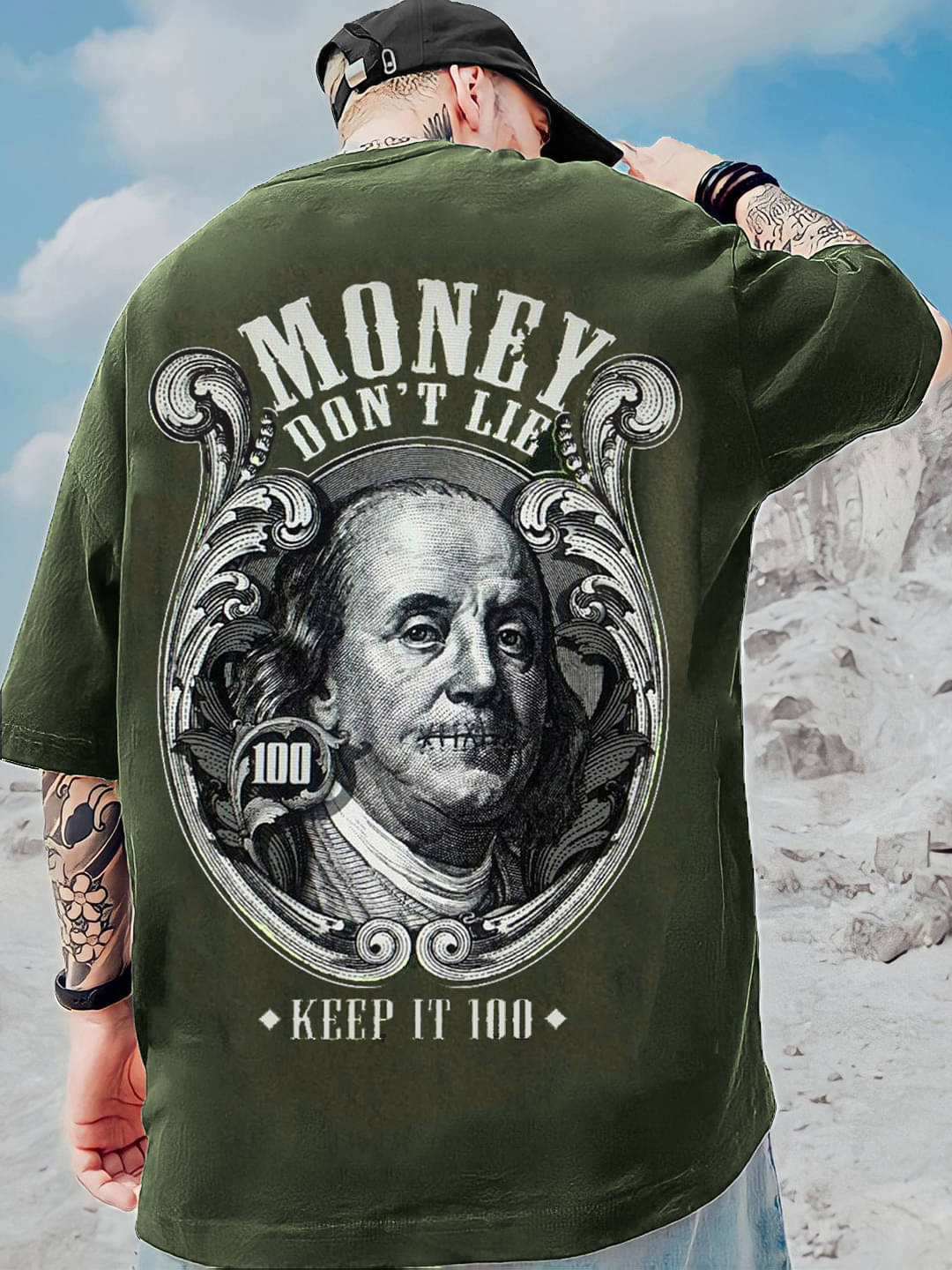     			LEWEL Polyester Oversized Fit Printed 3/4th Sleeves Men's Round T-Shirt - Dark Green ( Pack of 1 )