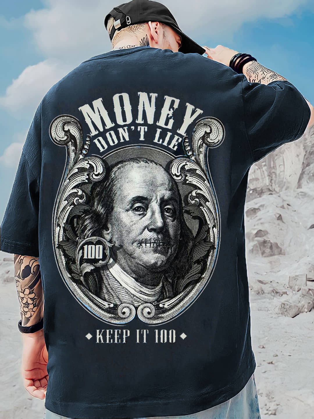 LEWEL Polyester Oversized Fit Printed 3/4th Sleeves Men's Round T-Shirt - Navy Blue ( Pack of 1 )