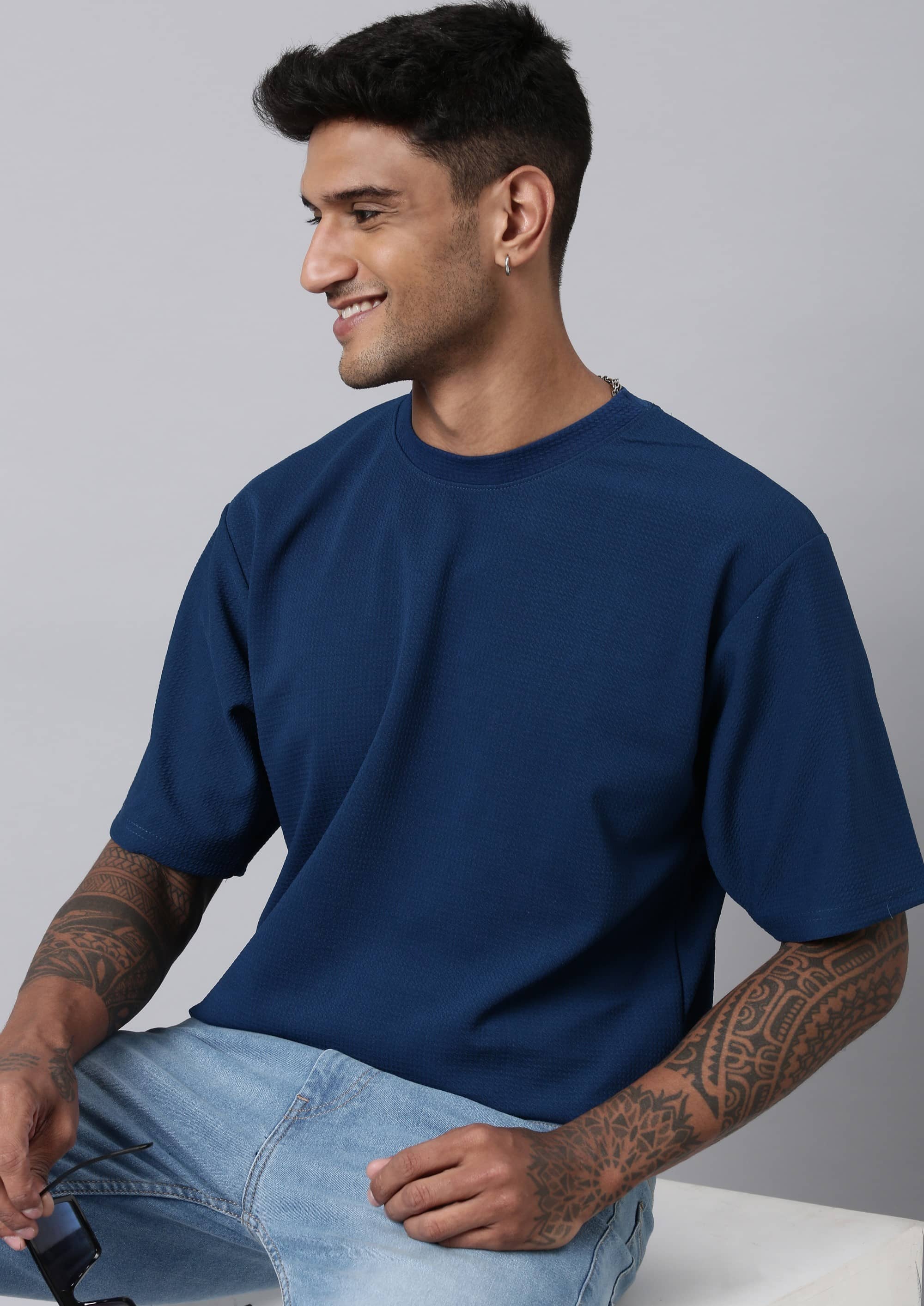 LEWEL Polyester Oversized Fit Solid 3/4th Sleeves Men's Round T-Shirt - Blue ( Pack of 1 )