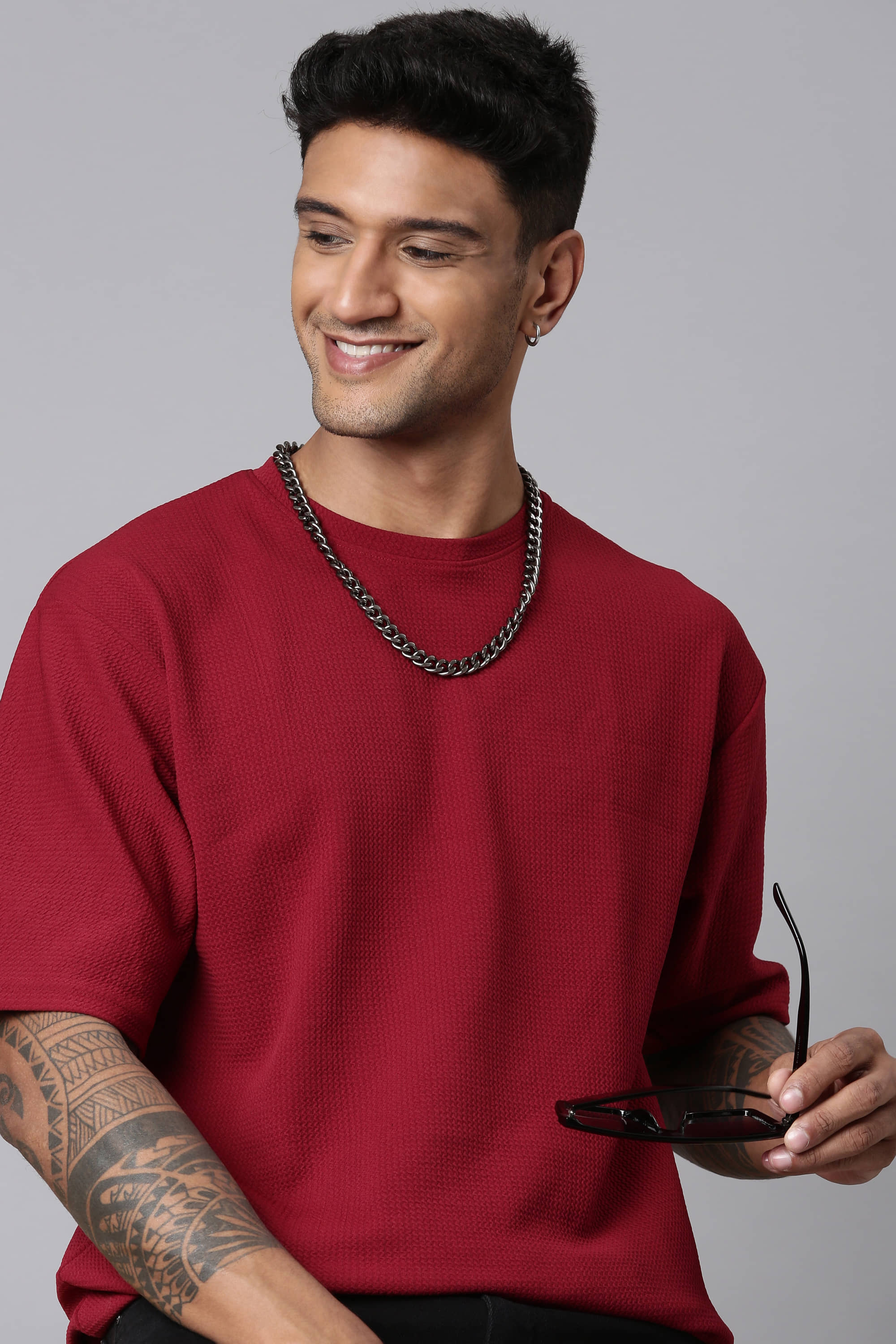 LEWEL Polyester Oversized Fit Solid 3/4th Sleeves Men's Round T-Shirt - Red ( Pack of 1 )