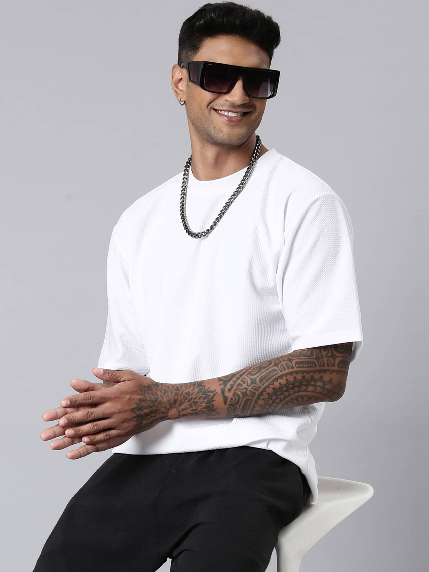     			LEWEL Polyester Oversized Fit Solid 3/4th Sleeves Men's Round T-Shirt - White ( Pack of 1 )