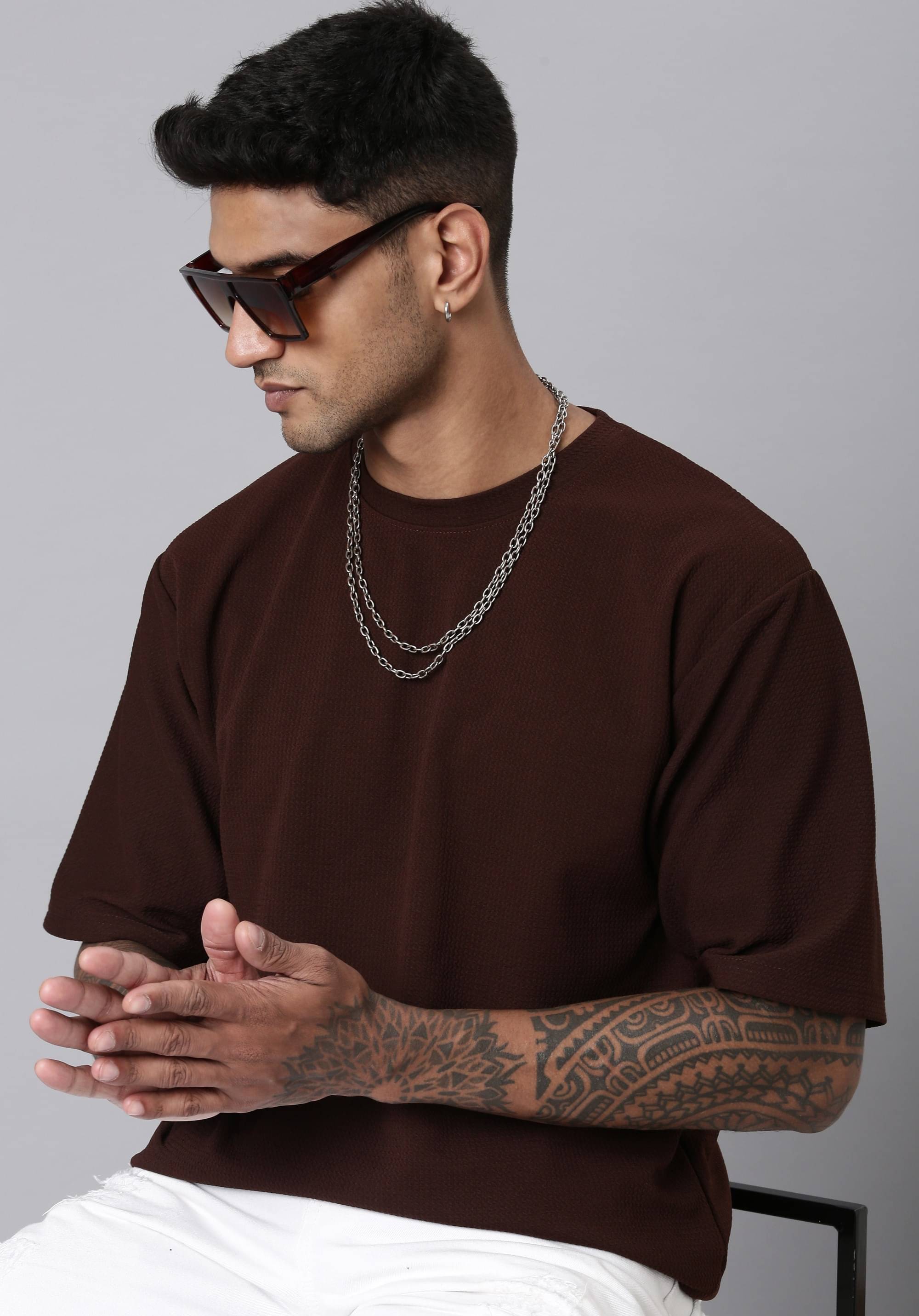     			LEWEL Polyester Oversized Fit Solid 3/4th Sleeves Men's Round T-Shirt - Brown ( Pack of 1 )