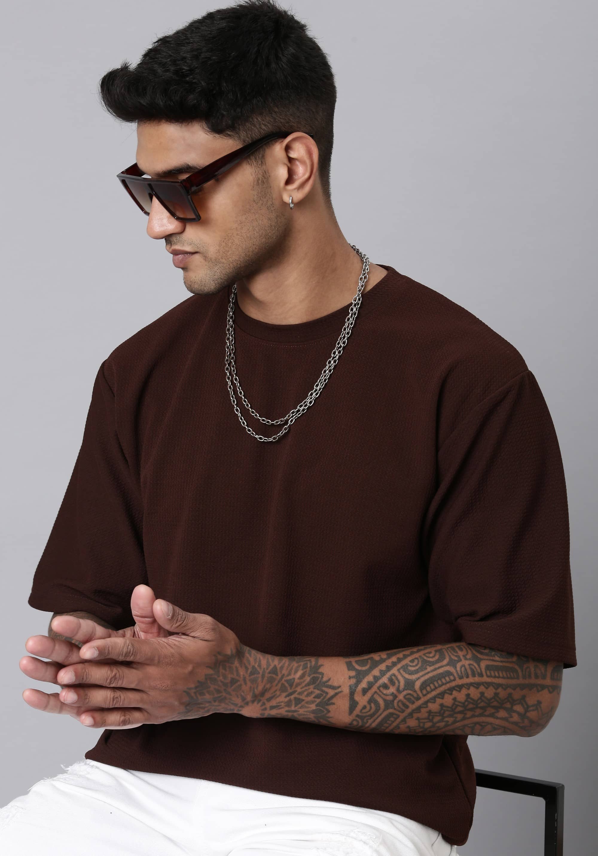 LEWEL Polyester Oversized Fit Solid 3/4th Sleeves Men's Round T-Shirt - Brown ( Pack of 1 )