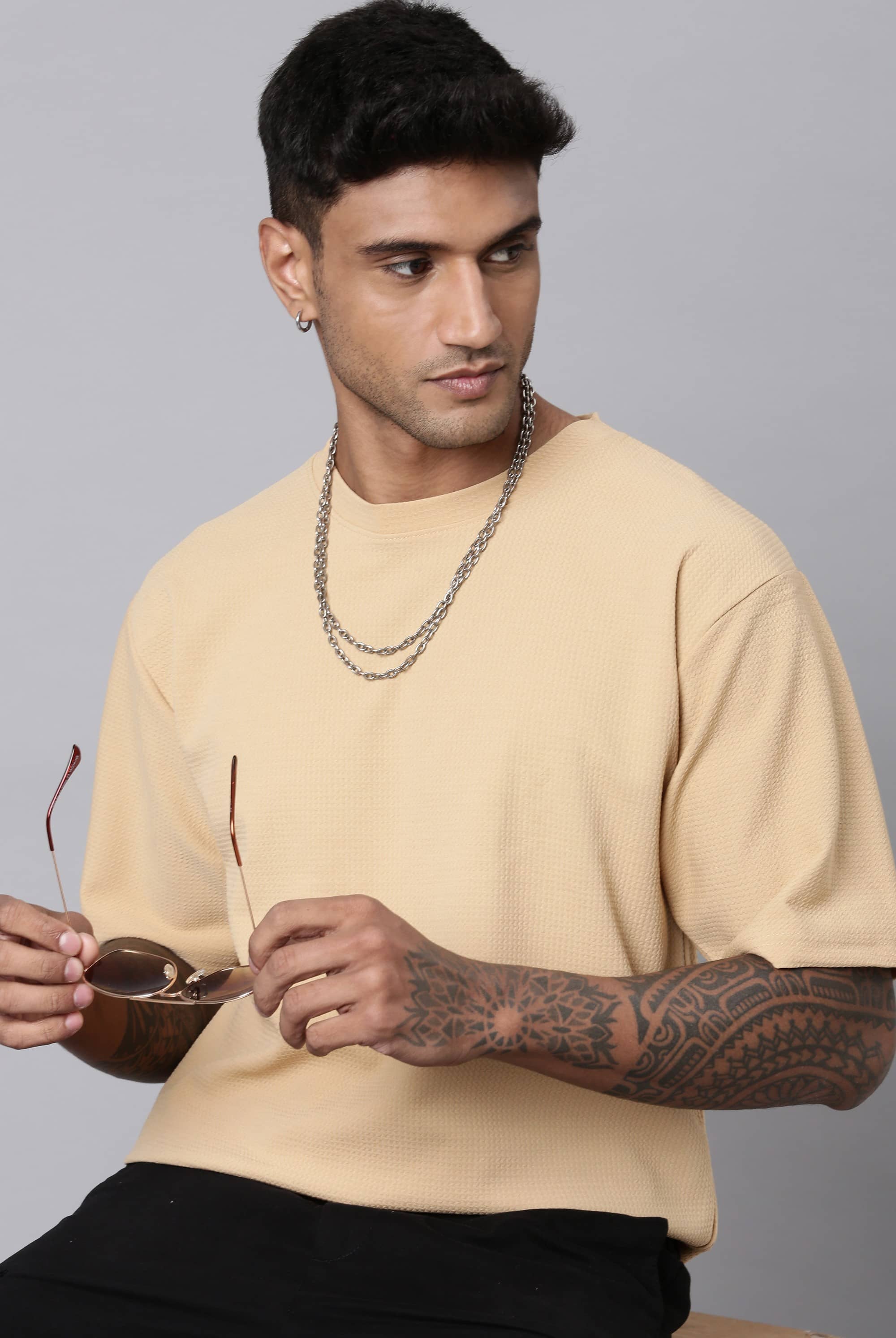 LEWEL Polyester Oversized Fit Solid 3/4th Sleeves Men's Round T-Shirt - Beige ( Pack of 1 )