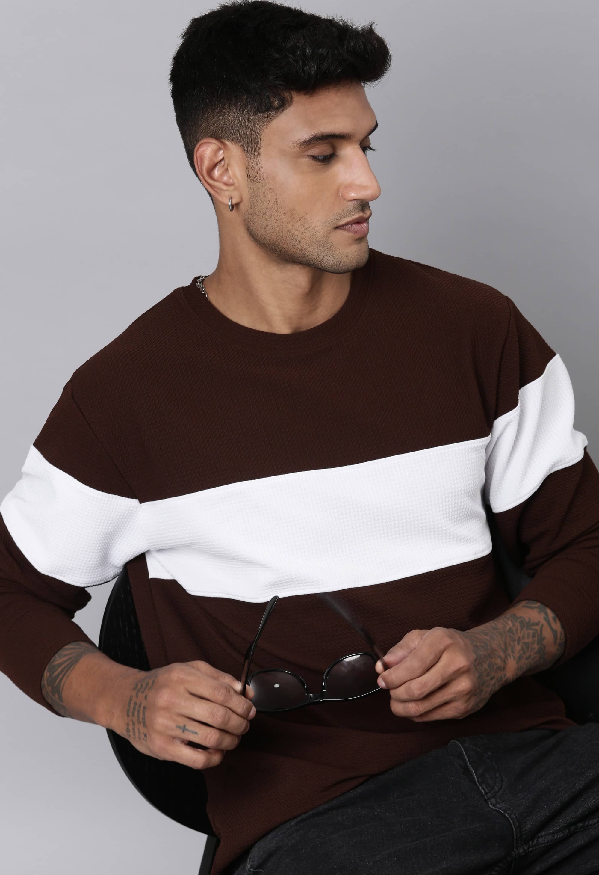 LEWEL Polyester Regular Fit Colorblock Full Sleeves Men's Round T-Shirt - Multicolor ( Pack of 1 )