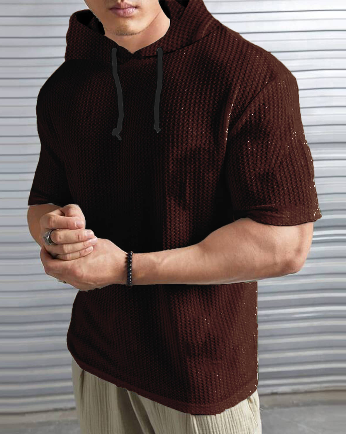LEWEL Polyester Regular Fit Self Design Half Sleeves Men's Hooded T-Shirt - Brown ( Pack of 1 )