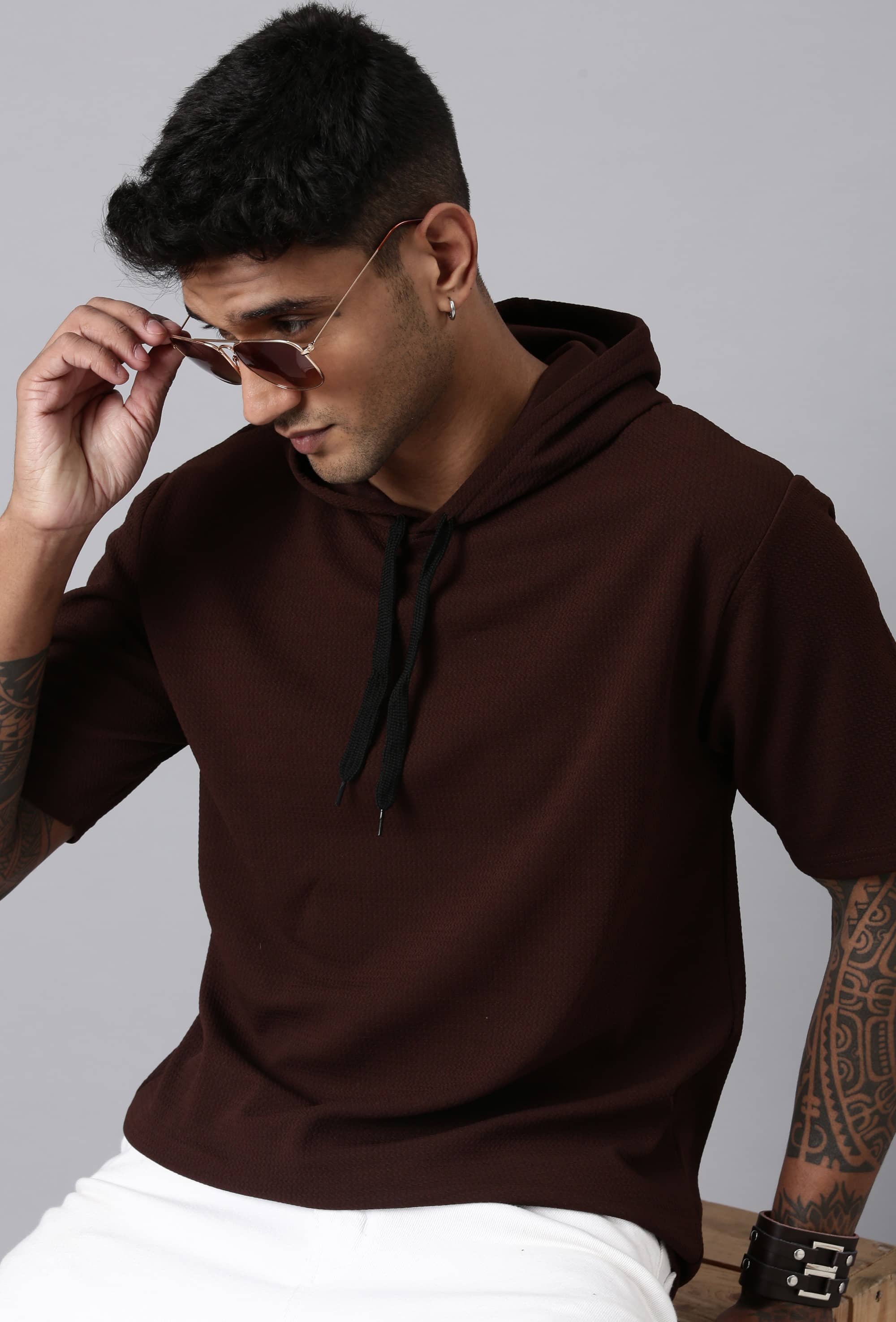 LEWEL Polyester Regular Fit Solid Half Sleeves Men's Hooded T-Shirt - Brown ( Pack of 1 )