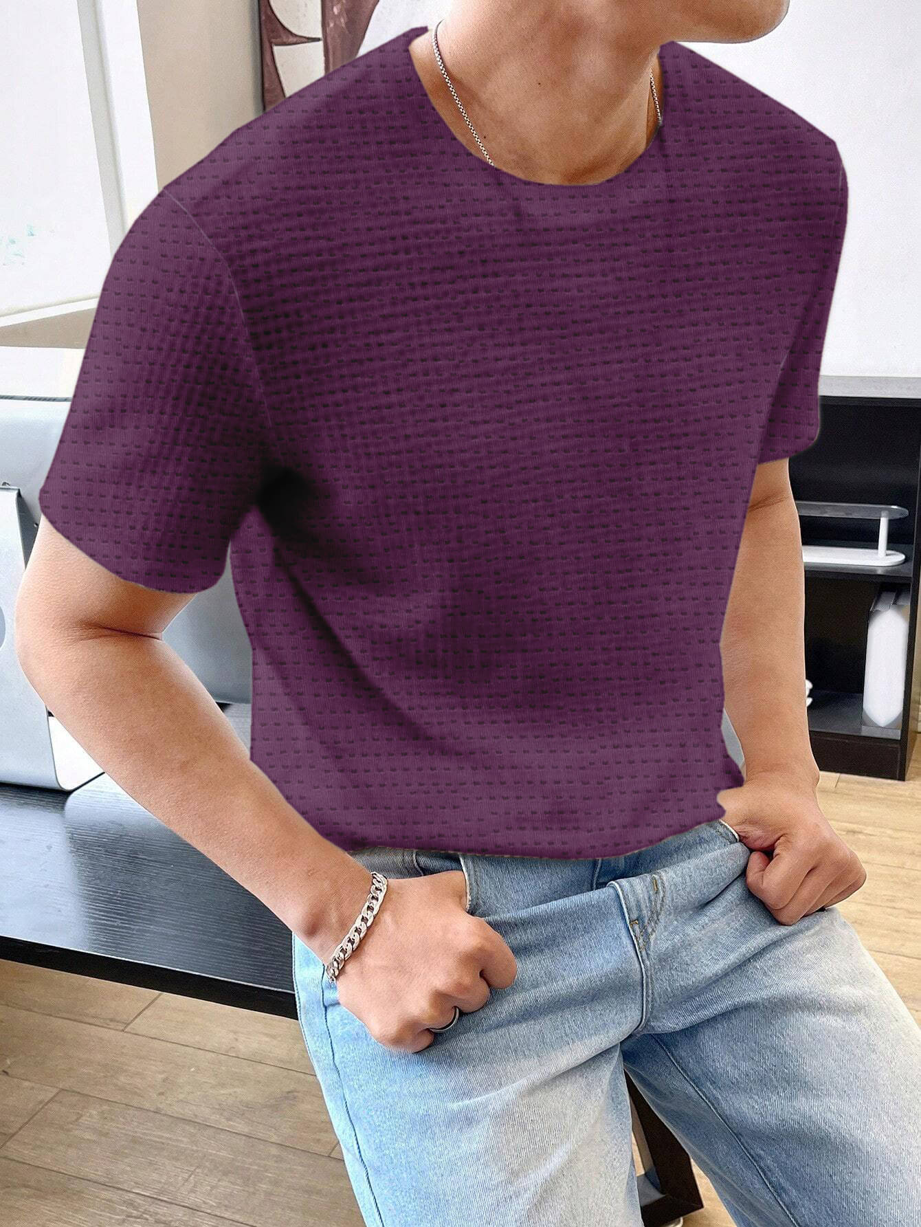     			LEWEL Polyester Slim Fit Self Design Half Sleeves Men's Round T-Shirt - Purple ( Pack of 1 )