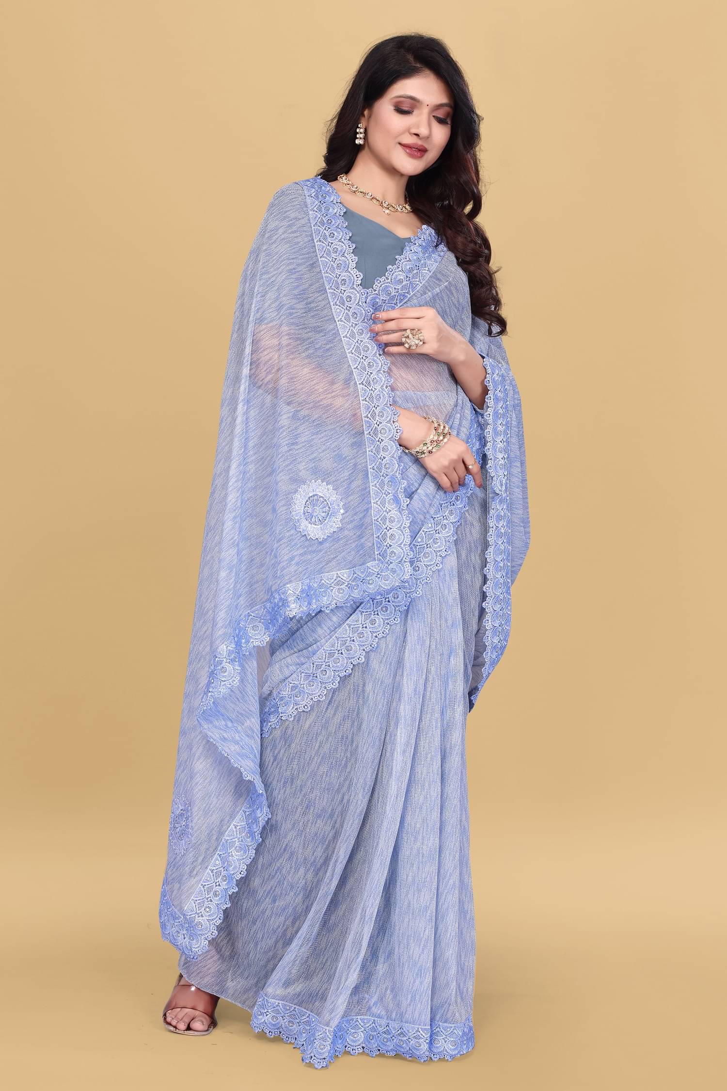 Lady Shopi Lycra Embellished Saree With Unstitched Blouse Piece ( SkyBlue ) Lady Shopi Lycra Embellished Saree With Unstitched Blouse Piece ( SkyBlue )