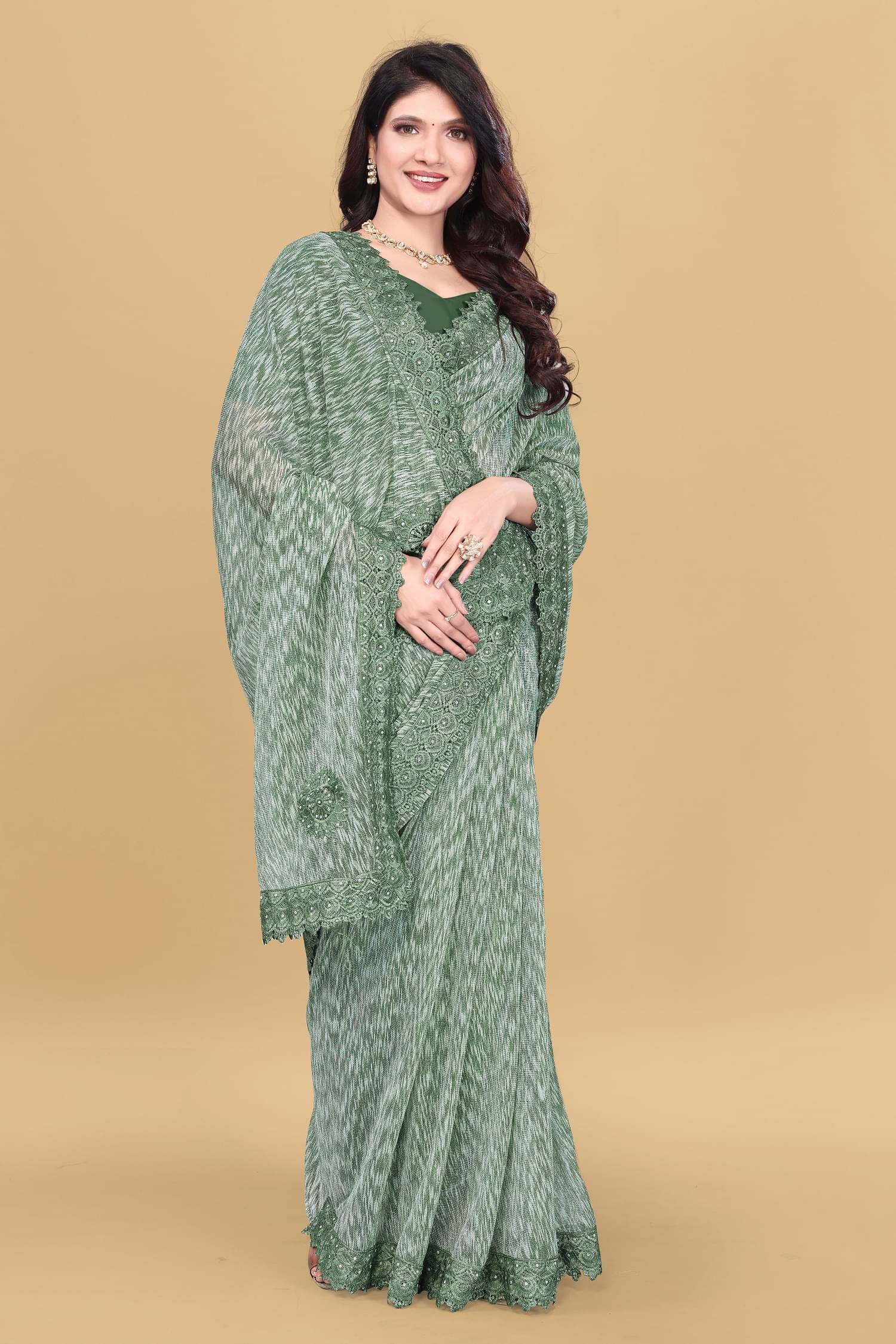 Lady Shopi Lycra Embellished Saree With Unstitched Blouse Piece ( Green ) Lady Shopi Lycra Embellished Saree With Unstitched Blouse Piece ( Green )