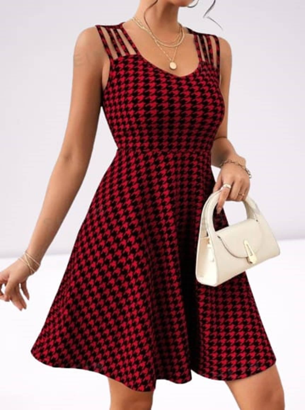 Lihana Women Lycra Printed Fit & Flare Dress ( Maroon )