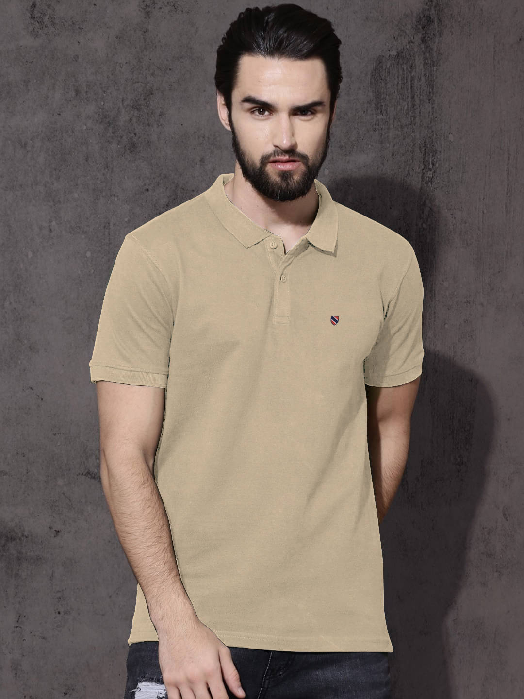 Merriment Pack of 1 Cotton Blend Regular Fit Solid Half Sleeves Men's Polo T Shirt ( Beige ) Merriment Pack of 1 Cotton Blend Regular Fit Solid Half Sleeves Men's Polo T Shirt ( Beige )