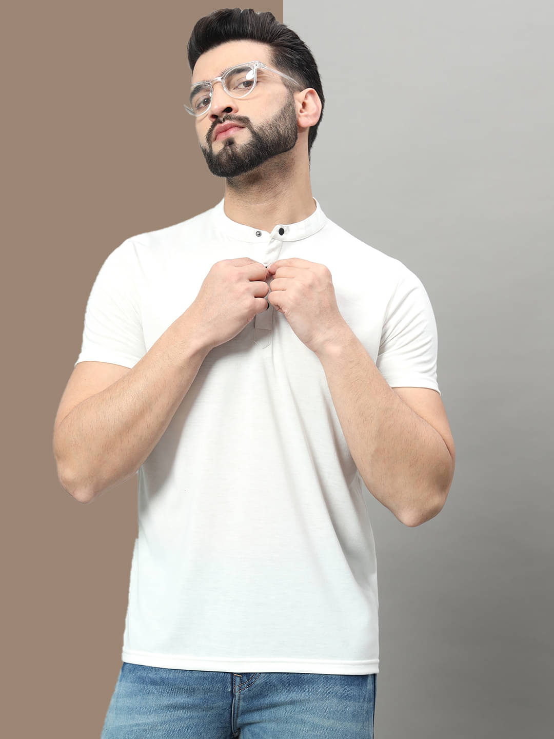 OGEN Cotton Blend Regular Fit Solid Half Sleeves Men's Mandarin Collar T-Shirt - White ( Pack of 1 ) OGEN Cotton Blend Regular Fit Solid Half Sleeves Men's Mandarin Collar T-Shirt - White ( Pack of 1 )