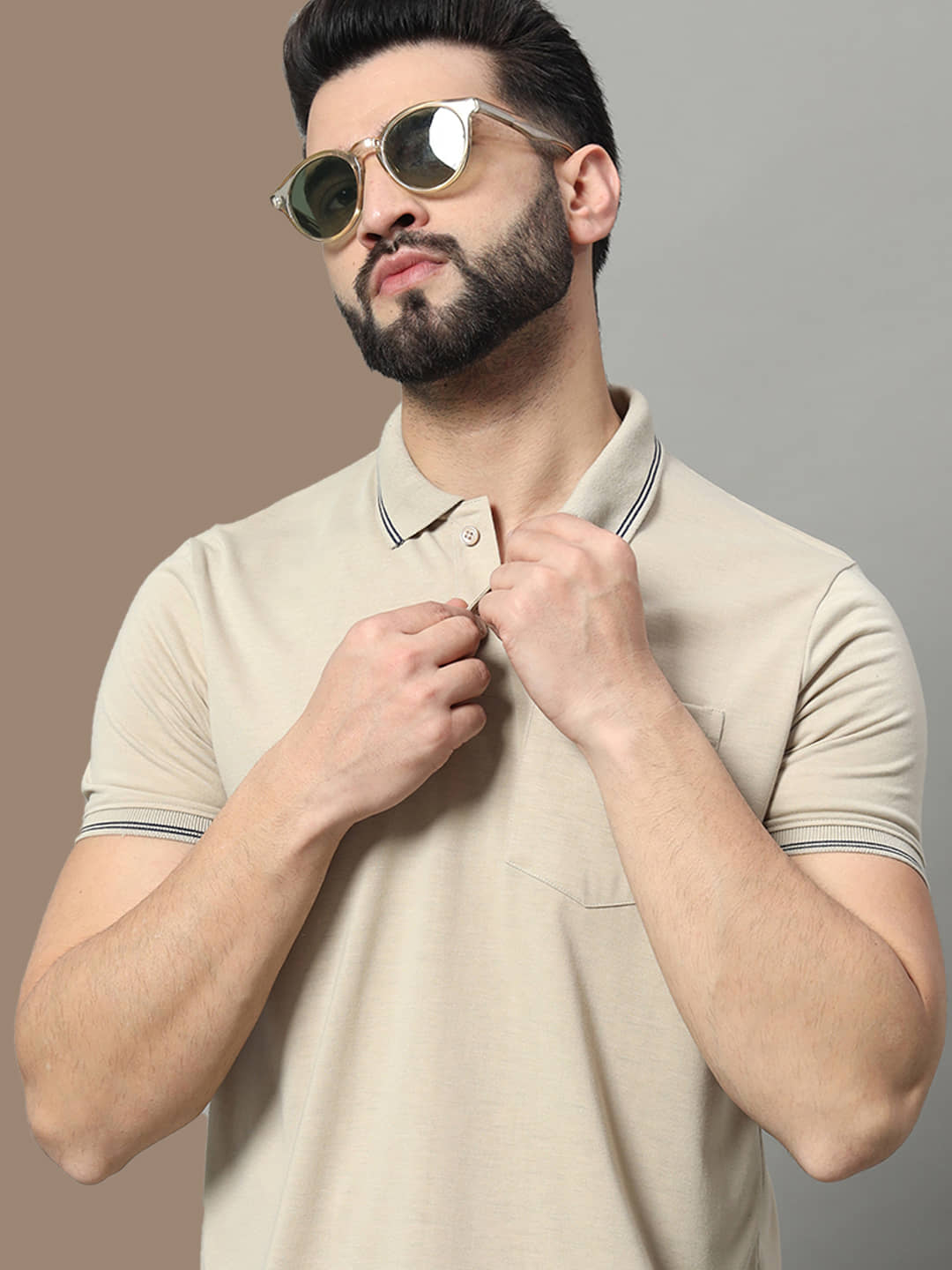 OGEN Pack of 1 Cotton Blend Regular Fit Solid Half Sleeves Men's Polo T Shirt ( Beige )
