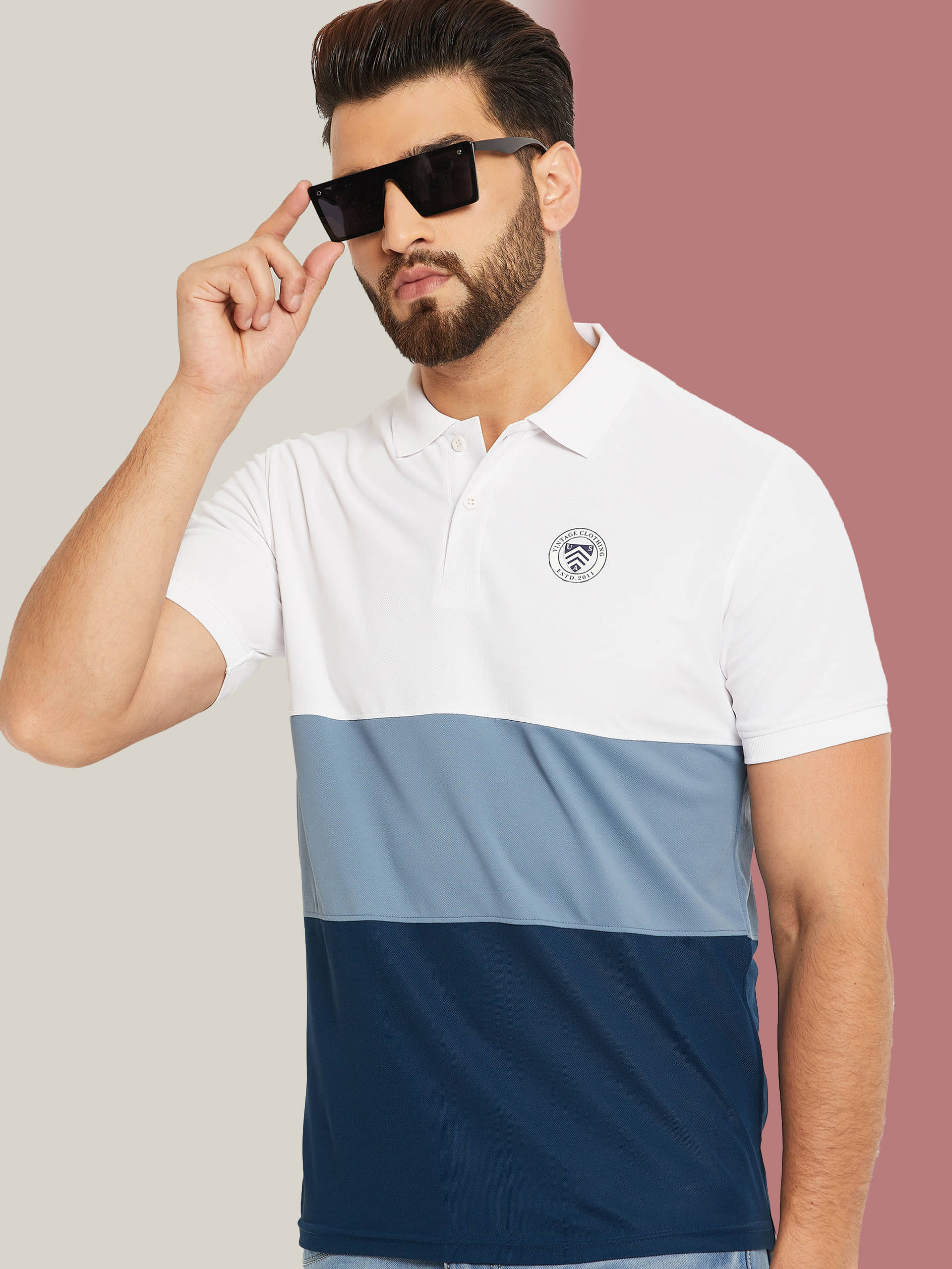 OGEN Pack of 1 Cotton Blend Regular Fit Colorblock Half Sleeves Men's Polo T Shirt ( Navy )