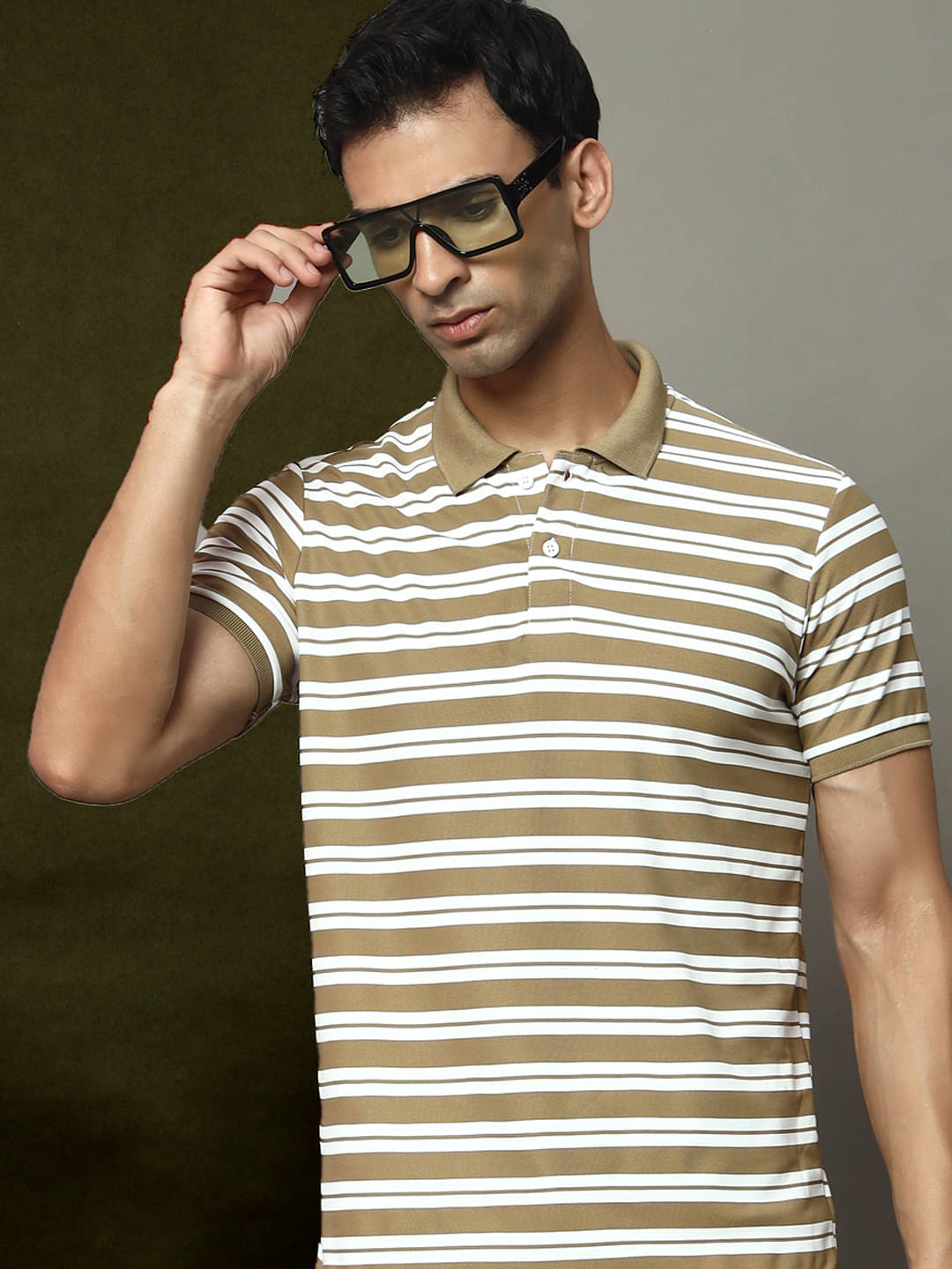     			OGEN Pack of 1 Cotton Blend Regular Fit Striped Half Sleeves Men's Polo T Shirt ( Brown )