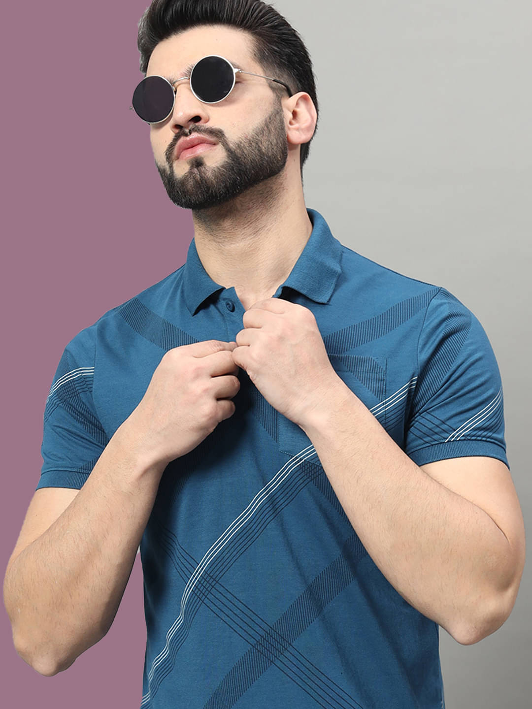     			OGEN Pack of 1 Cotton Blend Regular Fit Printed Half Sleeves Men's Polo T Shirt ( Blue )