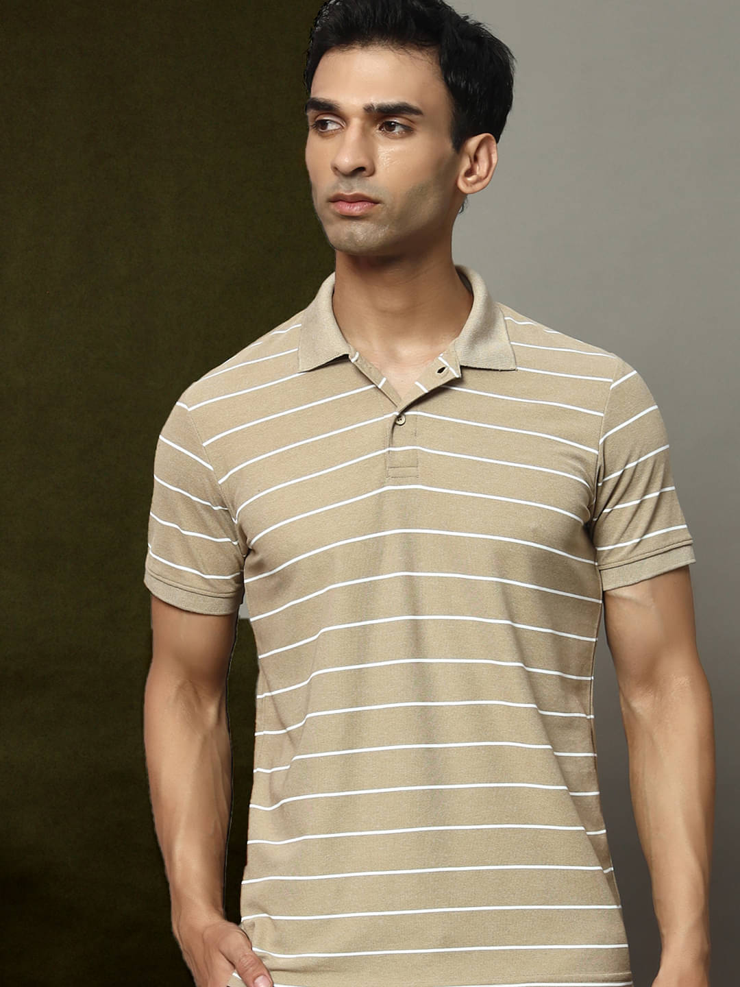 OGEN Pack of 1 Cotton Blend Regular Fit Striped Half Sleeves Men's Polo T Shirt ( Beige ) OGEN Pack of 1 Cotton Blend Regular Fit Striped Half Sleeves Men's Polo T Shirt ( Beige )
