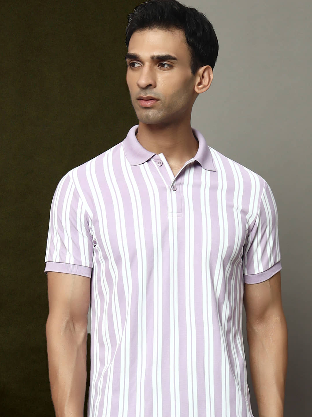 OGEN Pack of 1 Cotton Blend Regular Fit Striped Half Sleeves Men's Polo T Shirt ( Lavender )