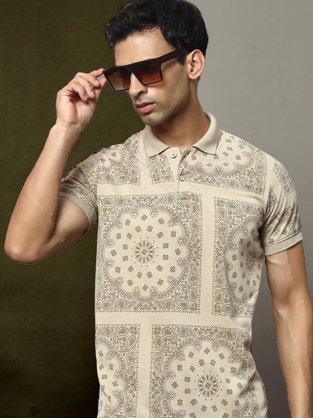 OGEN Pack of 1 Cotton Blend Regular Fit Printed Half Sleeves Men's Polo T Shirt ( Beige ) OGEN Pack of 1 Cotton Blend Regular Fit Printed Half Sleeves Men's Polo T Shirt ( Beige )