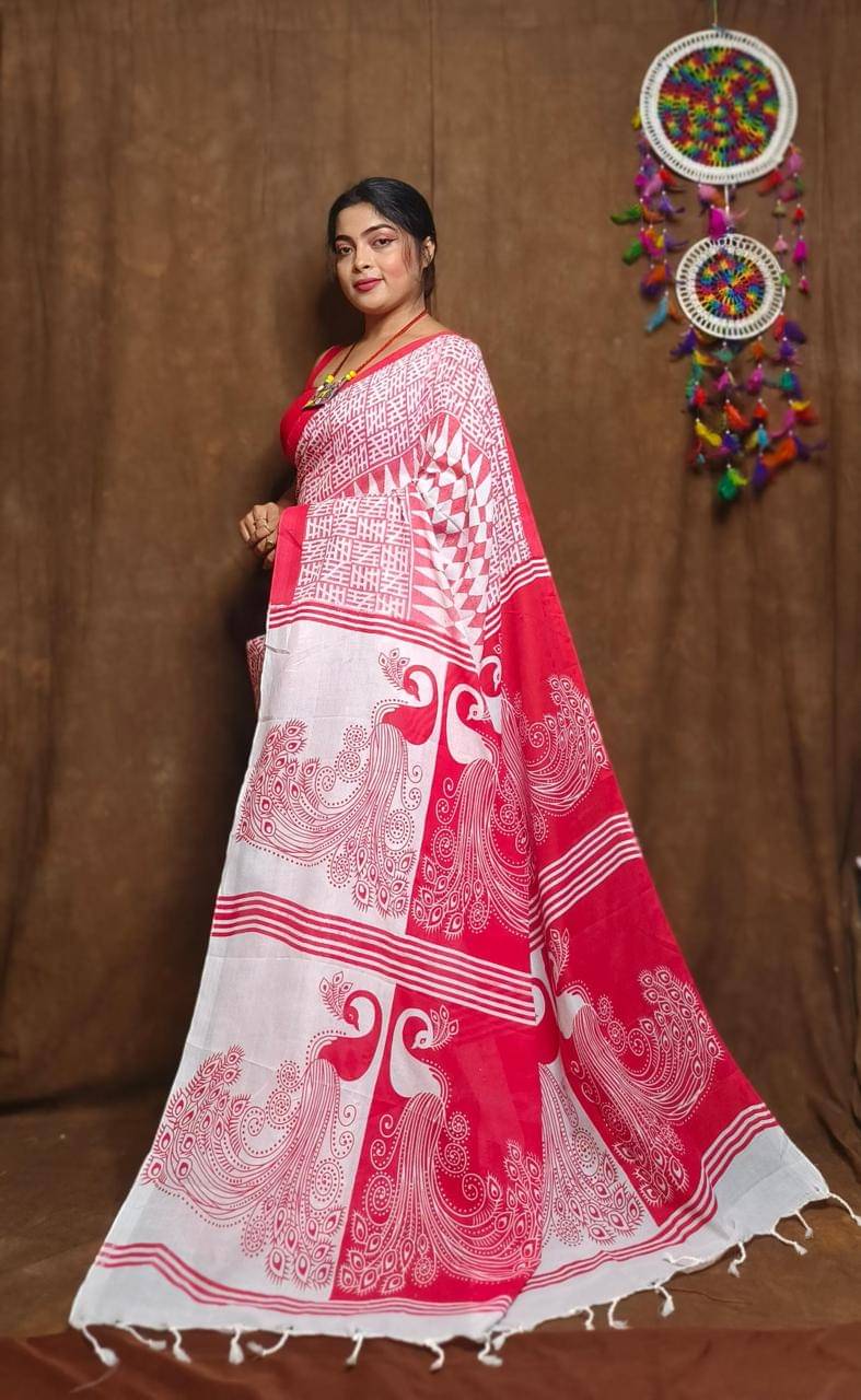 SARADA HANDLOOM Cotton Printed Saree With Unstitched Blouse Piece ( Red ) SARADA HANDLOOM Cotton Printed Saree With Unstitched Blouse Piece ( Red )