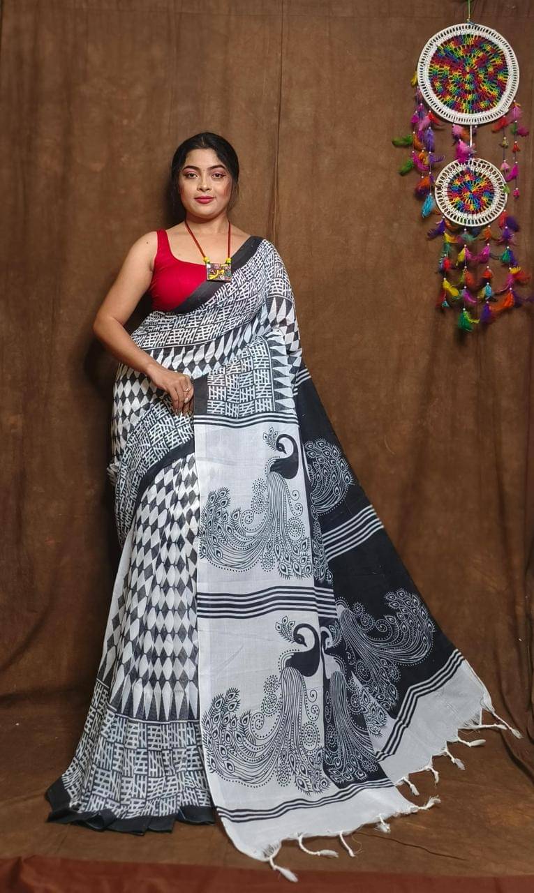SARADA HANDLOOM Cotton Printed Saree With Unstitched Blouse Piece ( Black ) SARADA HANDLOOM Cotton Printed Saree With Unstitched Blouse Piece ( Black )