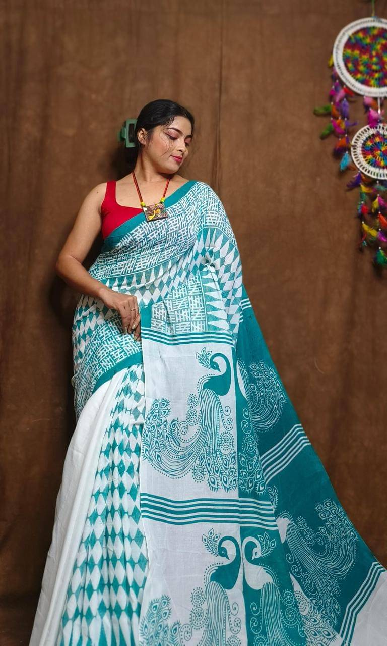    			SARADA HANDLOOM Cotton Printed Saree With Unstitched Blouse Piece ( Aqua Blue )