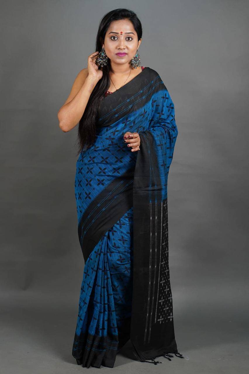    			SARADA HANDLOOM Cotton Printed Saree With Unstitched Blouse Piece ( Blue )