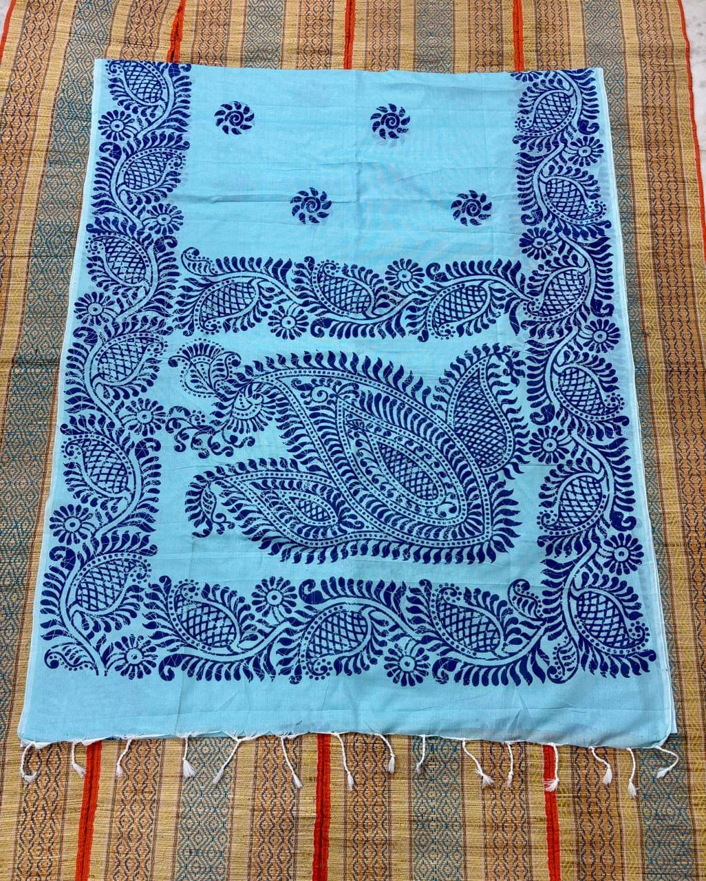     			SARADA HANDLOOM Cotton Printed Saree With Unstitched Blouse Piece ( Blue )
