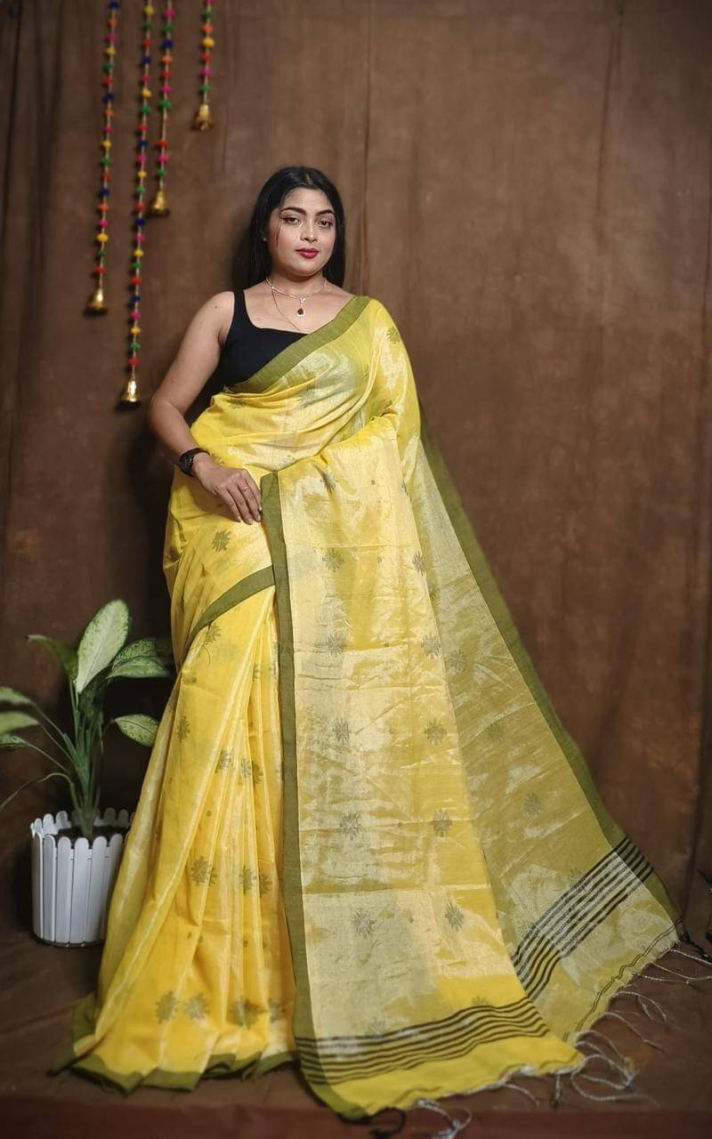     			SARADA HANDLOOM Cotton Printed Saree With Unstitched Blouse Piece ( Yellow )