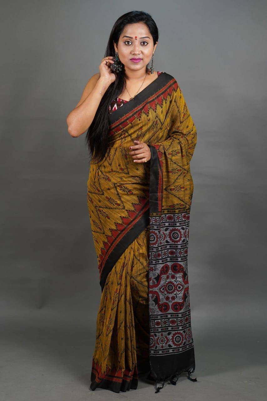     			SARADA HANDLOOM Cotton Printed Saree With Unstitched Blouse Piece ( Yellow )