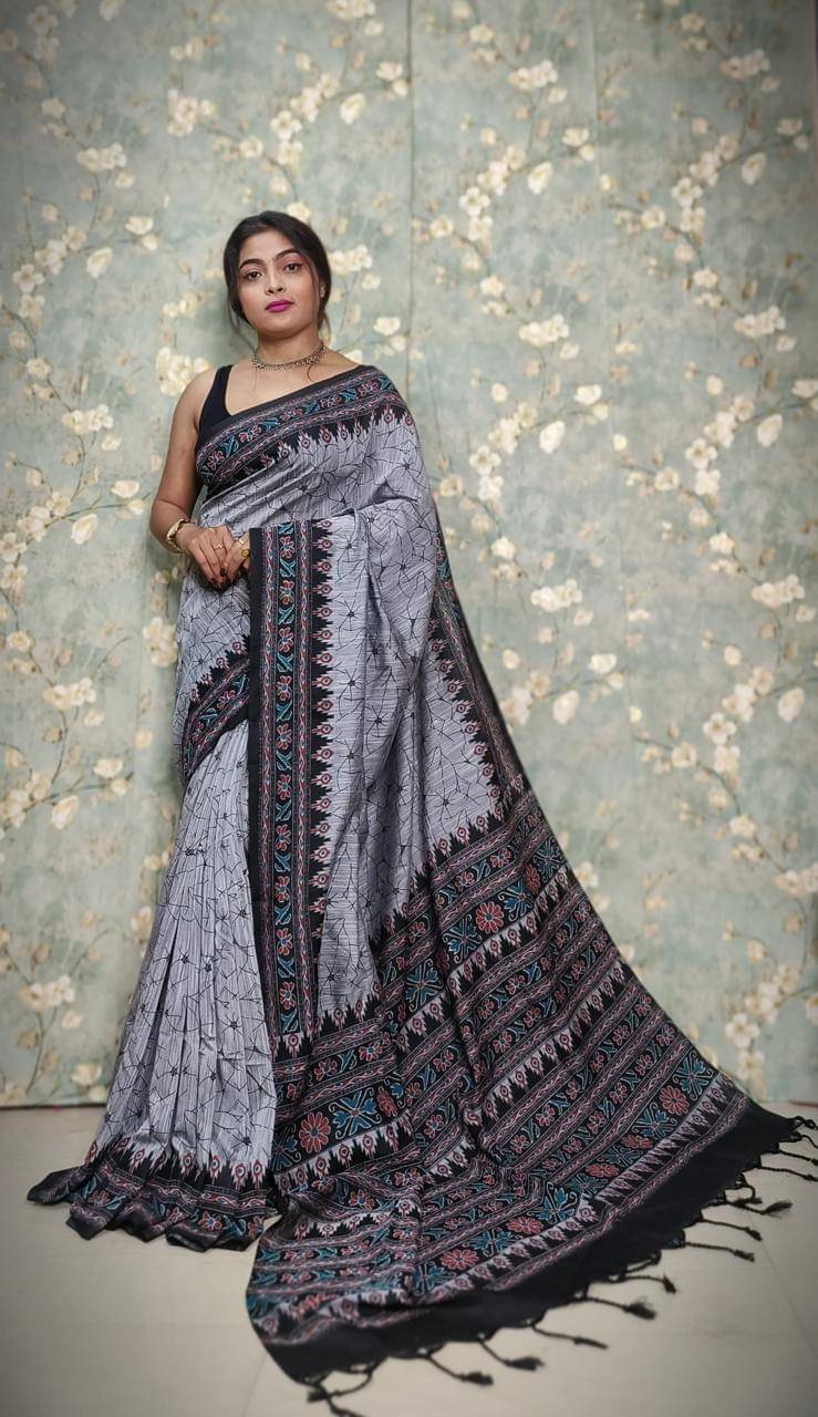     			SARADA HANDLOOM Cotton Printed Saree With Unstitched Blouse Piece ( Grey )