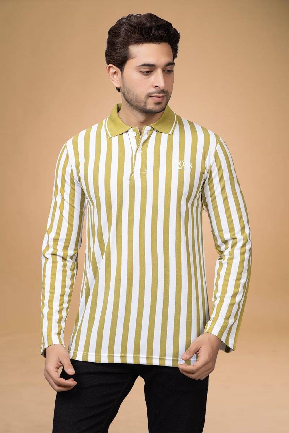 SHREYNKA Pack of 1 Cotton Blend Regular Fit Striped Full Sleeves Men's Polo T Shirt ( Yellow ) SHREYNKA Pack of 1 Cotton Blend Regular Fit Striped Full Sleeves Men's Polo T Shirt ( Yellow )