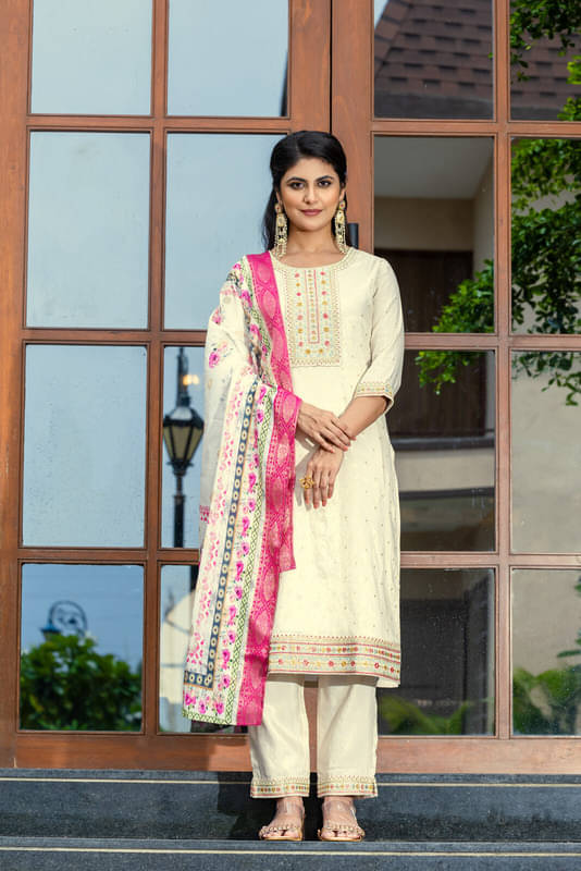 SHRIMORI Cotton Embroidered Kurti With Pants Women's Stitched Salwar Suit - Off White ( Pack of 1 )     			SHRIMORI Cotton Embroidered Kurti With Pants Women's Stitched Salwar Suit - Off White ( Pack of 1 )