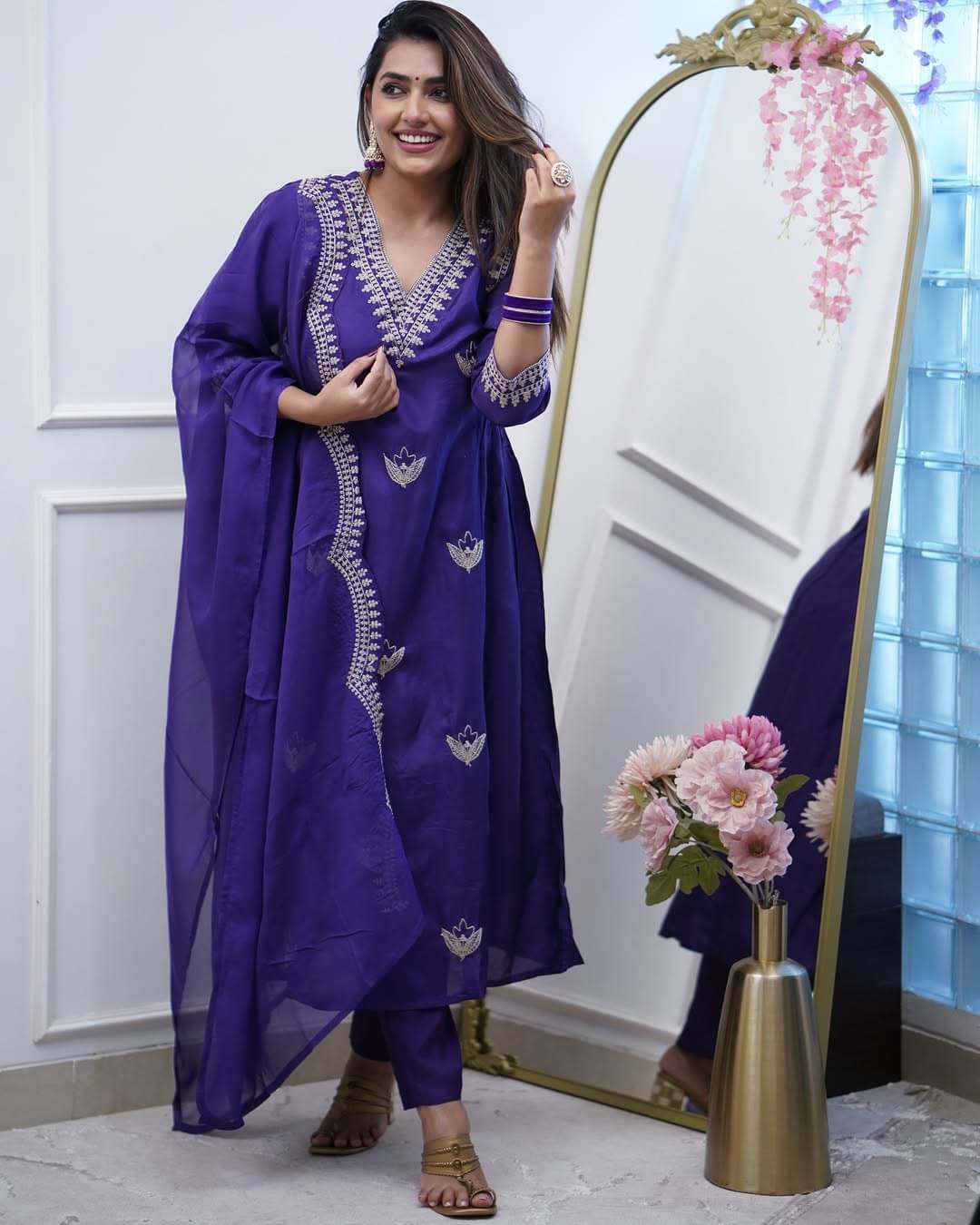 Sanjana Silks Chanderi Embroidered Kurti With Pants Women's Stitched Salwar Suit - Purple ( Pack of 1 ) Sanjana Silks Chanderi Embroidered Kurti With Pants Women's Stitched Salwar Suit - Purple ( Pack of 1 )