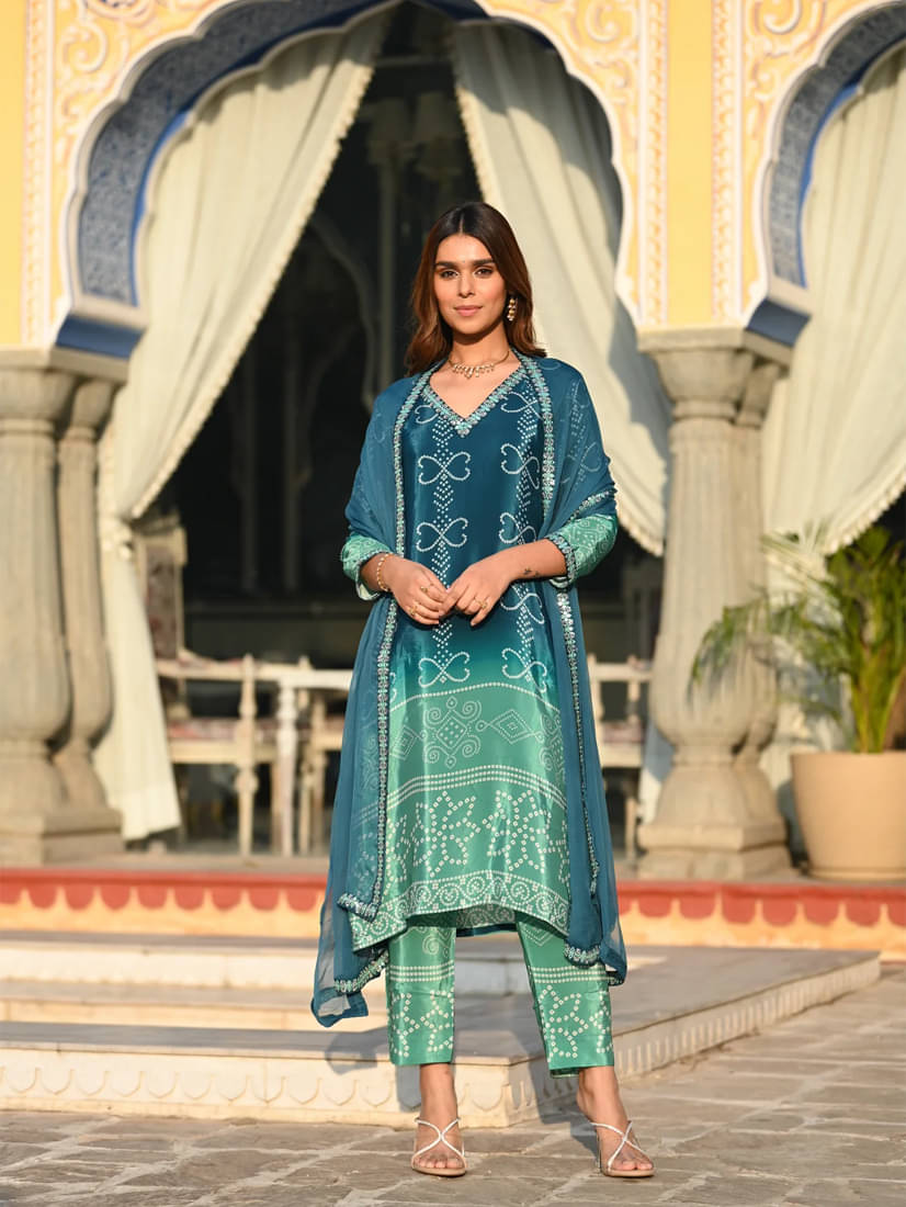 Sanjana Silks Silk Blend Printed Kurti With Pants Women's Stitched Salwar Suit - Teal ( Pack of 1 ) Sanjana Silks Silk Blend Printed Kurti With Pants Women's Stitched Salwar Suit - Teal ( Pack of 1 )