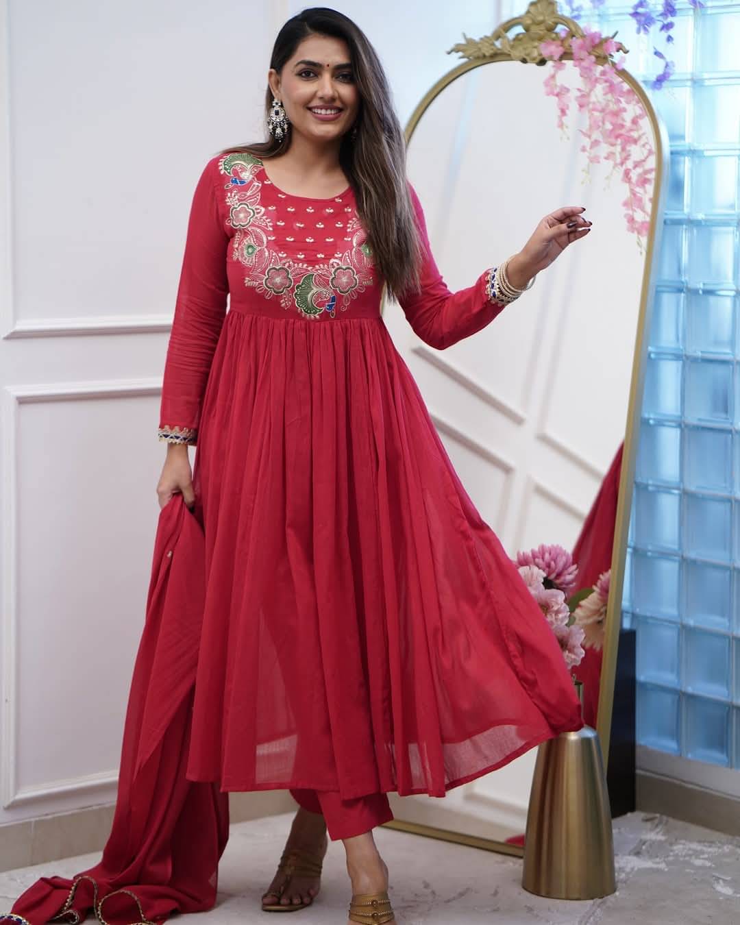     			Sitanjali Lifestyle Silk Blend Embroidered Kurti With Pants Women's Stitched Salwar Suit - Red ( Pack of 1 )