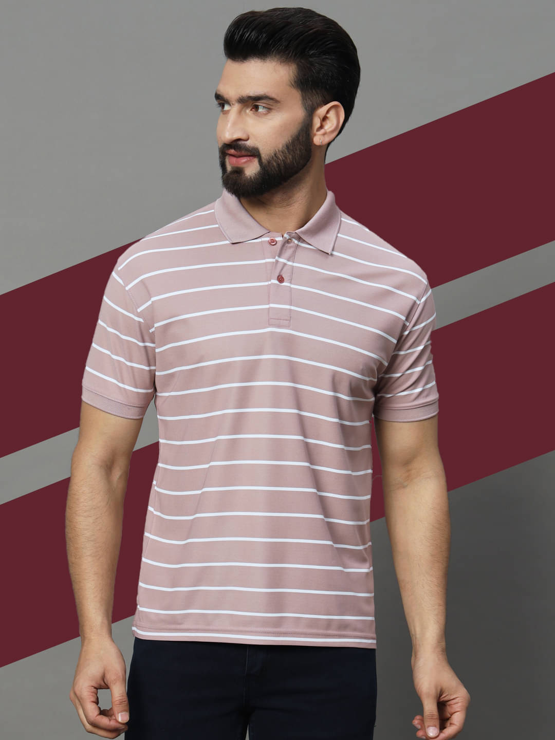 UNIBERRY Pack of 1 Cotton Blend Regular Fit Striped Half Sleeves Men's Polo T Shirt ( Peach )     			UNIBERRY Pack of 1 Cotton Blend Regular Fit Striped Half Sleeves Men's Polo T Shirt ( Peach )