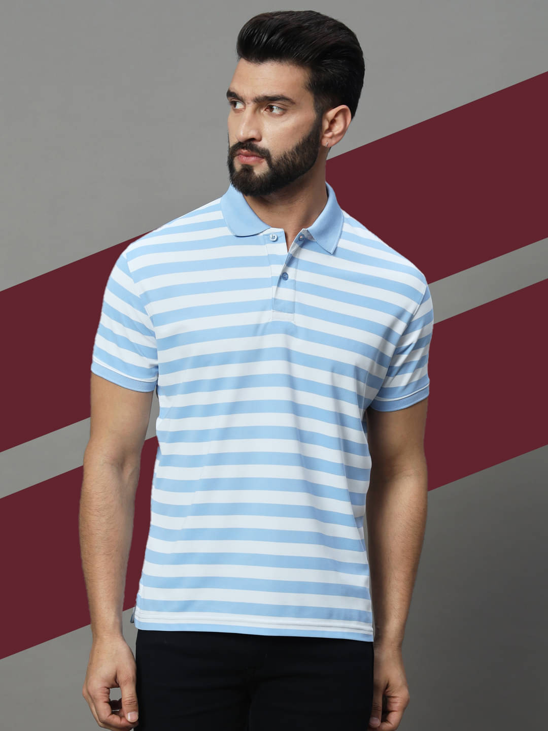 UNIBERRY Pack of 1 Cotton Blend Regular Fit Striped Half Sleeves Men's Polo T Shirt ( Sky Blue ) UNIBERRY Pack of 1 Cotton Blend Regular Fit Striped Half Sleeves Men's Polo T Shirt ( Sky Blue )