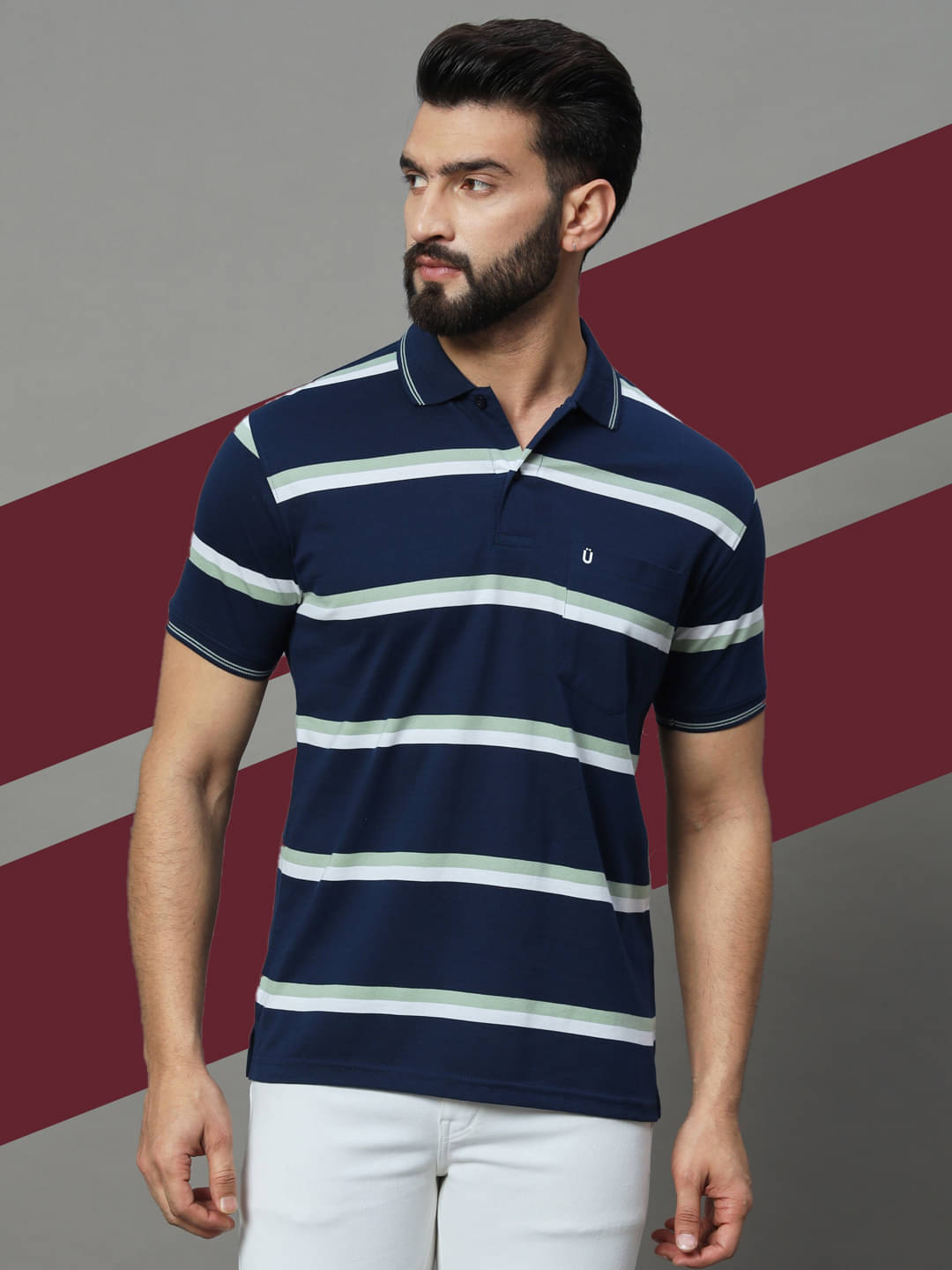     			UNIBERRY Pack of 1 Cotton Blend Regular Fit Striped Half Sleeves Men's Polo T Shirt ( Navy Blue )