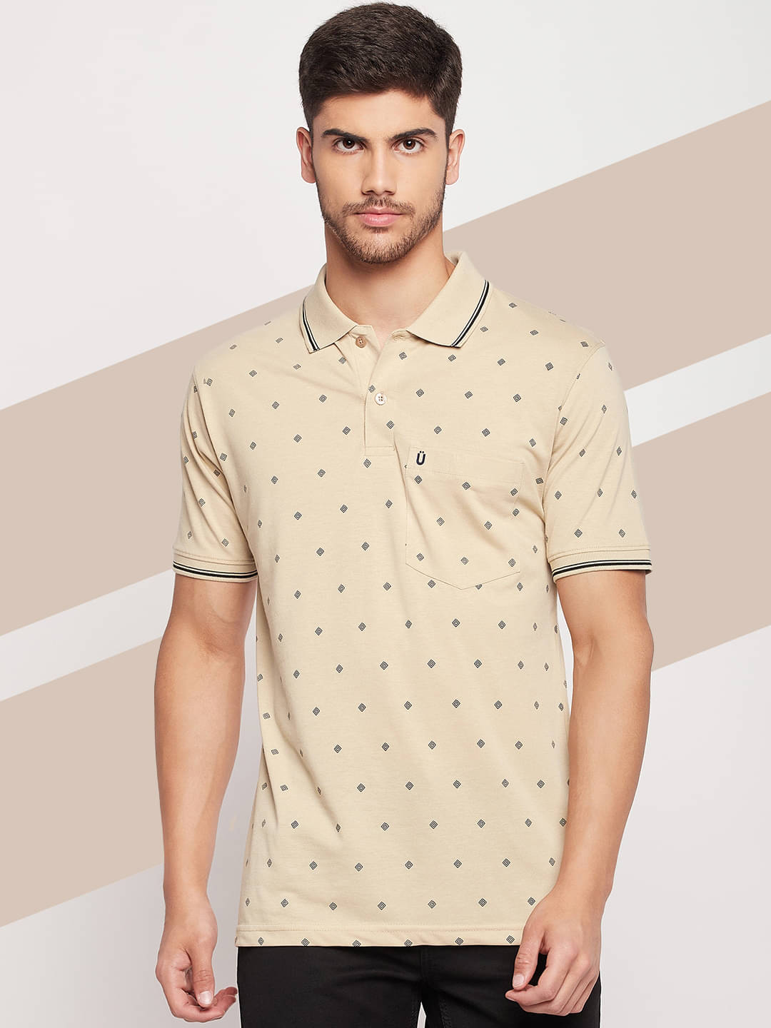 UNIBERRY Pack of 1 Cotton Blend Regular Fit Printed Half Sleeves Men's Polo T Shirt ( Beige )     			UNIBERRY Pack of 1 Cotton Blend Regular Fit Printed Half Sleeves Men's Polo T Shirt ( Beige )