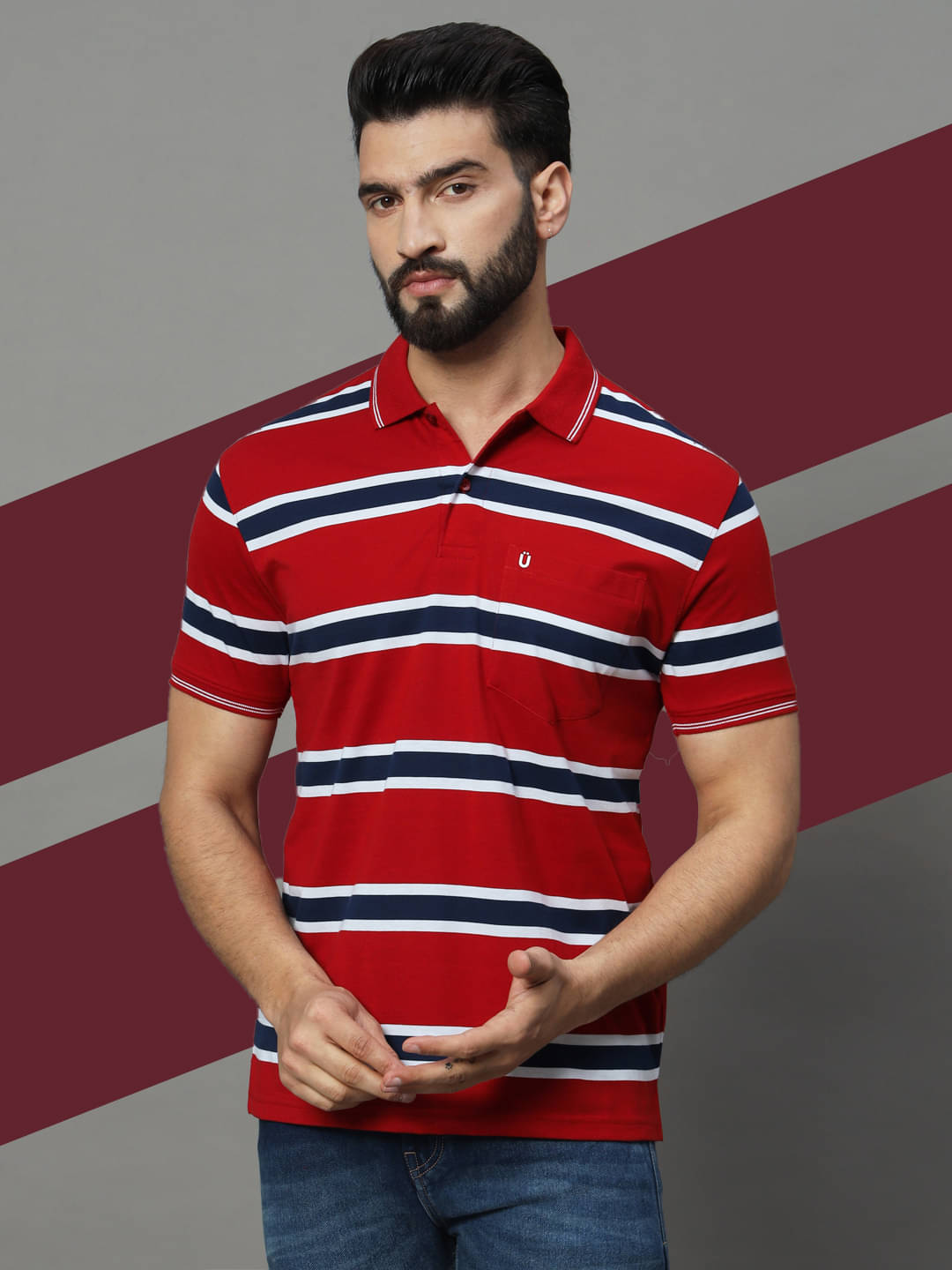     			UNIBERRY Pack of 1 Cotton Blend Regular Fit Striped Half Sleeves Men's Polo T Shirt ( Red )
