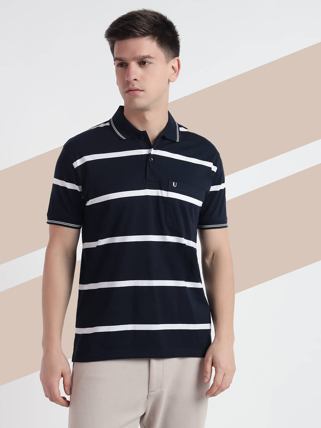     			UNIBERRY Pack of 1 Cotton Blend Regular Fit Striped Half Sleeves Men's Polo T Shirt ( Navy )