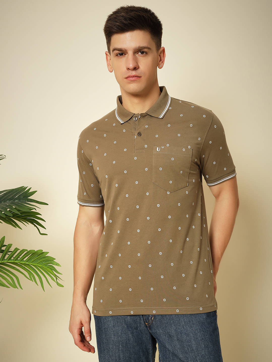     			UNIBERRY Pack of 1 Cotton Blend Regular Fit Printed Half Sleeves Men's Polo T Shirt ( Brown )