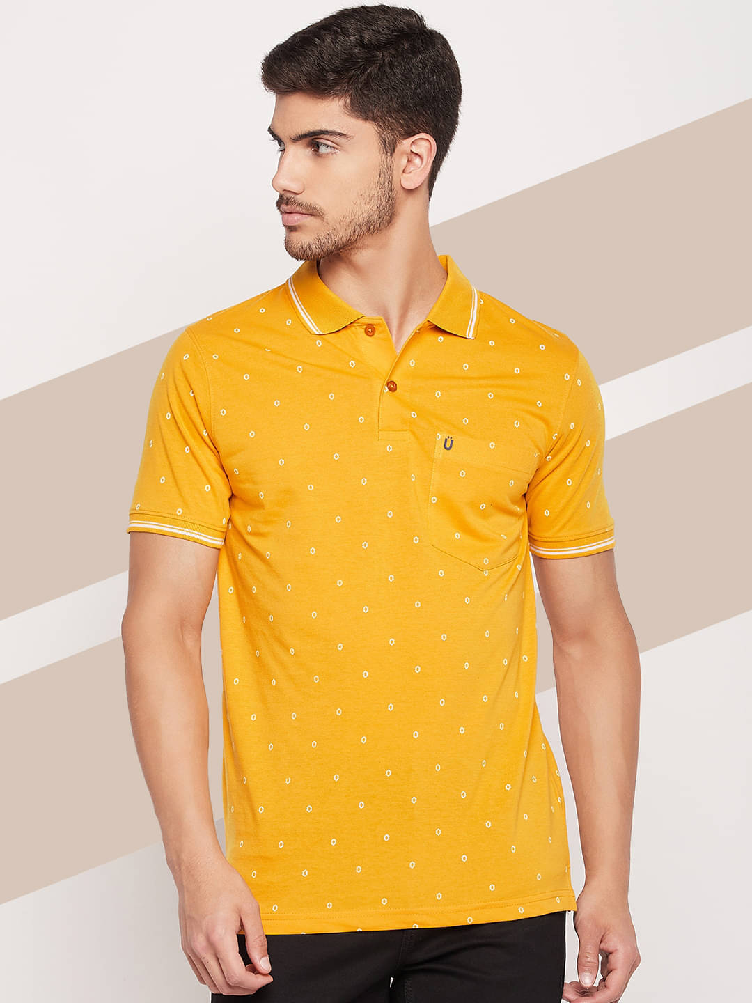 UNIBERRY Pack of 1 Cotton Blend Regular Fit Printed Half Sleeves Men's Polo T Shirt ( Mustard ) UNIBERRY Pack of 1 Cotton Blend Regular Fit Printed Half Sleeves Men's Polo T Shirt ( Mustard )