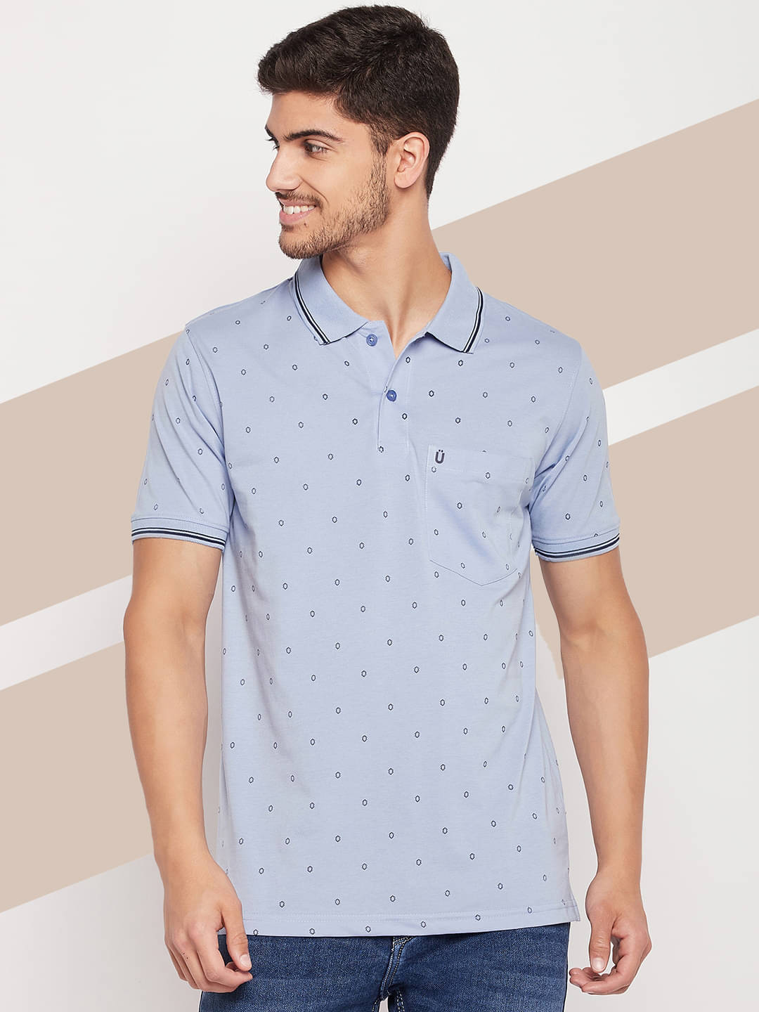     			UNIBERRY Pack of 1 Cotton Blend Regular Fit Printed Half Sleeves Men's Polo T Shirt ( Sky Blue )