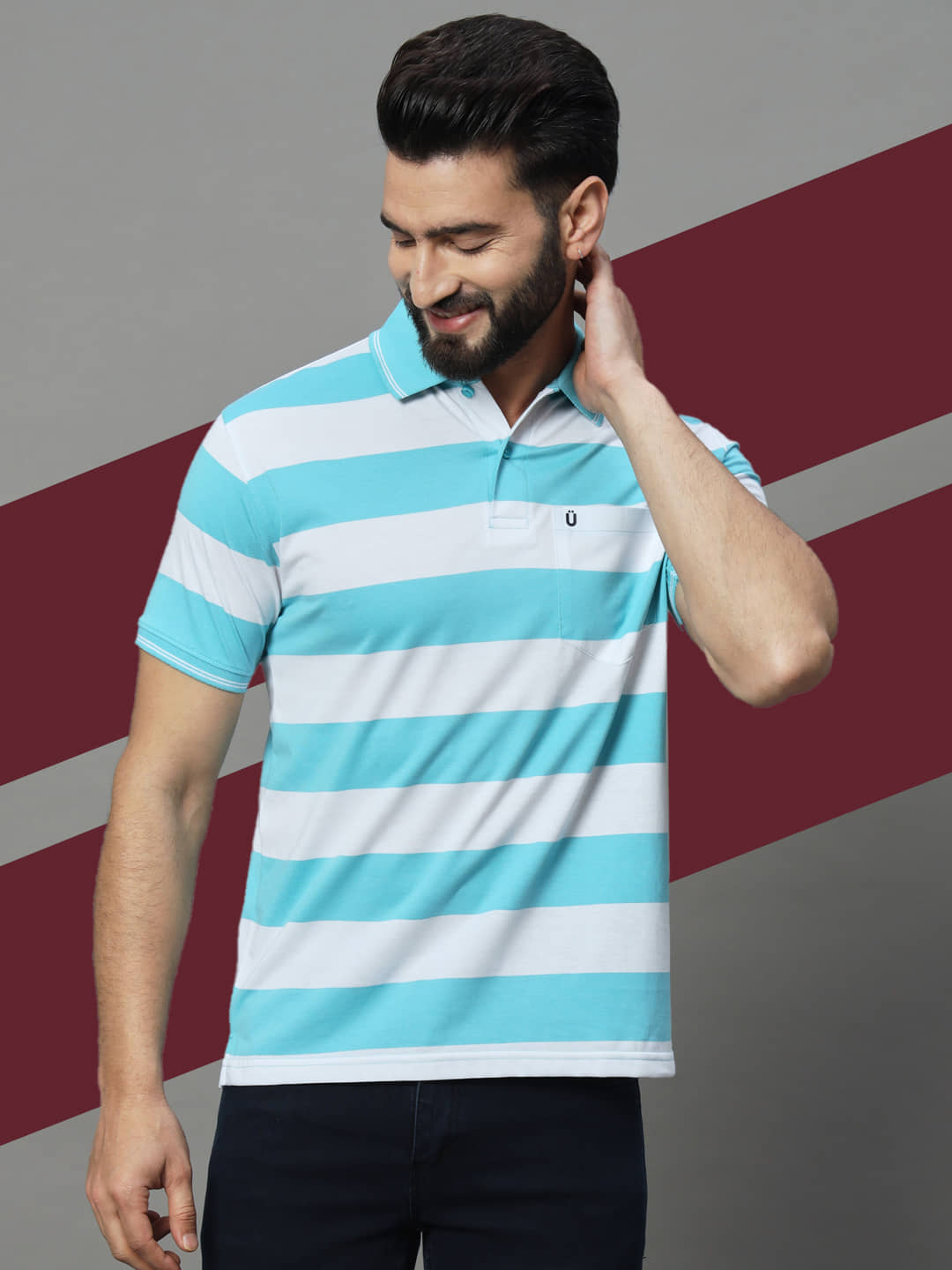 UNIBERRY Pack of 1 Cotton Blend Regular Fit Striped Half Sleeves Men's Polo T Shirt ( Navy Blue )