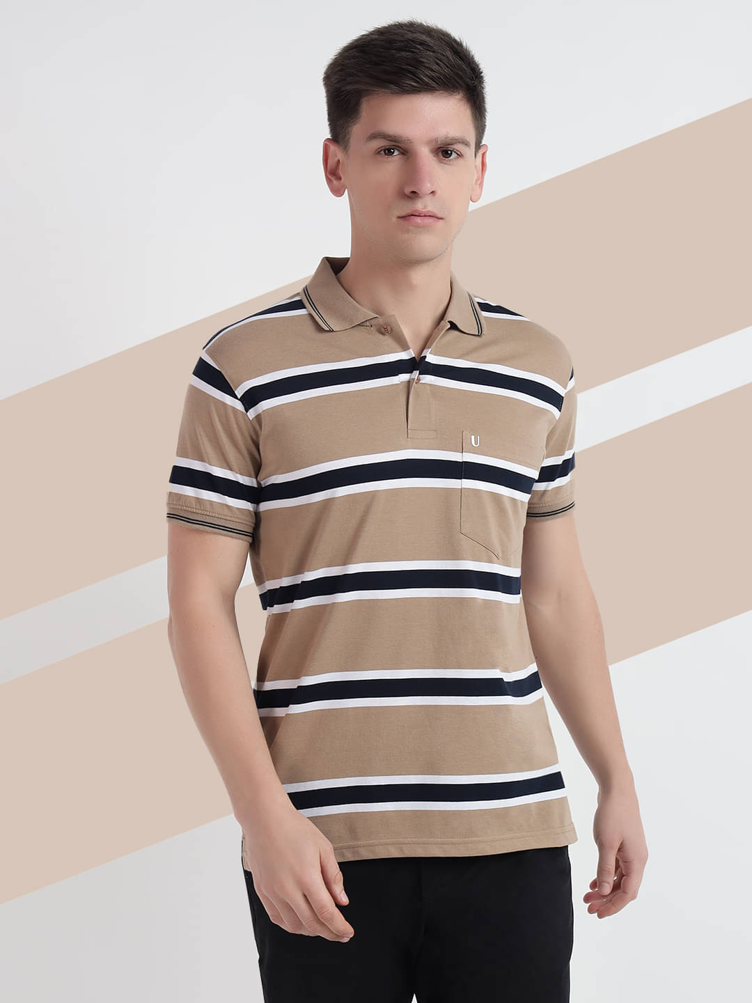     			UNIBERRY Pack of 1 Cotton Blend Regular Fit Striped Half Sleeves Men's Polo T Shirt ( Beige )